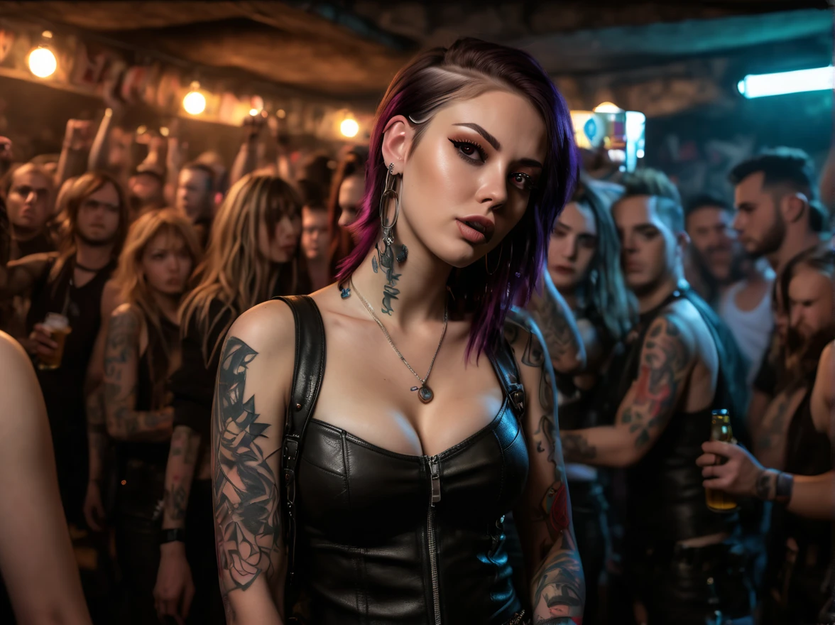 Full scene,A car inside an illegal underground bar, a party, many people, large place, , (car:1.4), underground music concert, stage, tattoos, a woman drinks a beer next girlfriend, lesbians, a crowd, punk, leather, cave, underground night bar, underground city with a network of hidden tunnels, (best quality,4k,8k,highres,masterpiece:1.2),ultra-detailed,(realistic,photorealistic,photo-realistic:1.37)