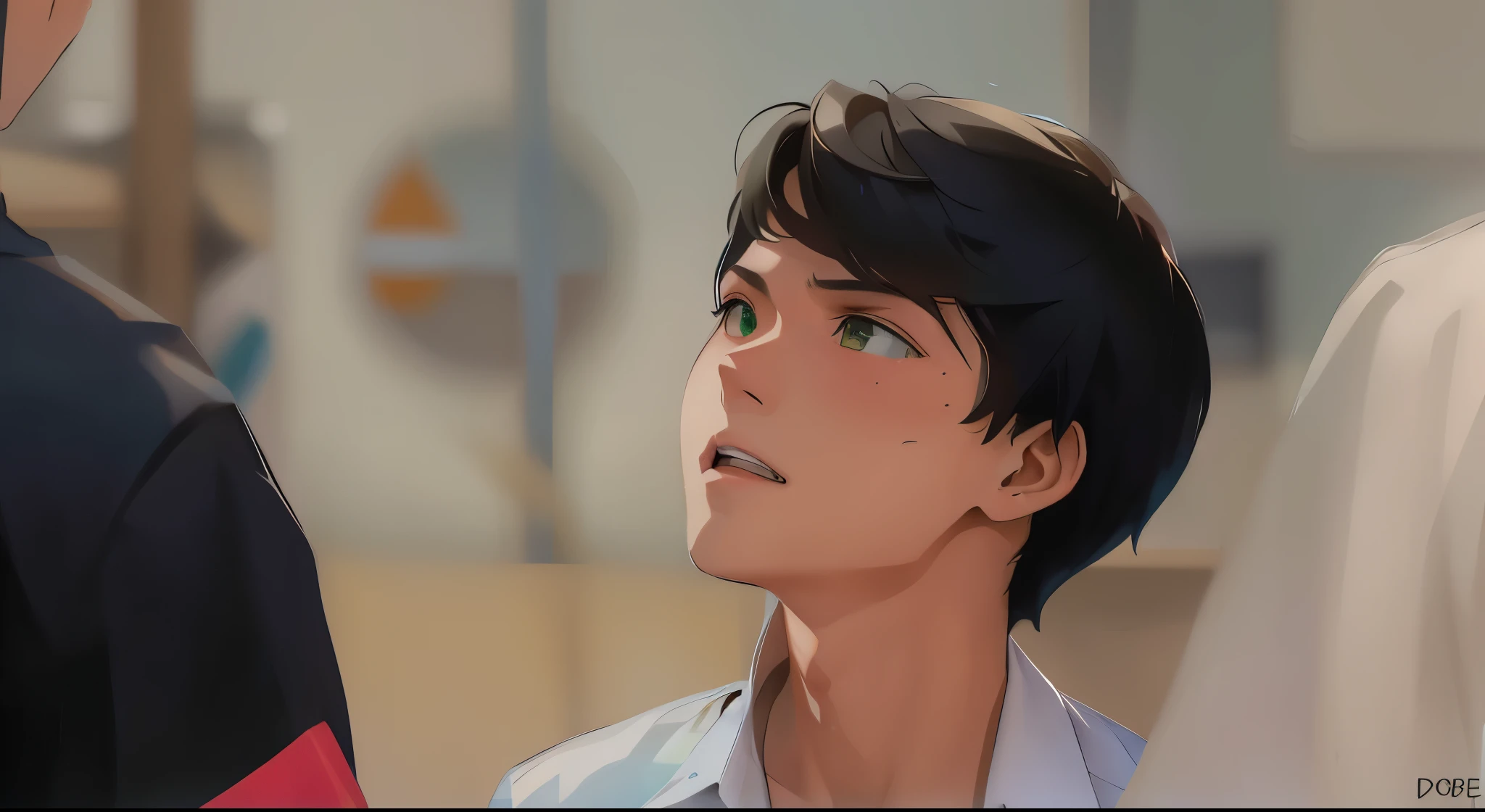 a group of 4 handsome young people of in the school classroom are talking arguing worried talking about a dangerous plan they have green hair green eyes blue t-shirt