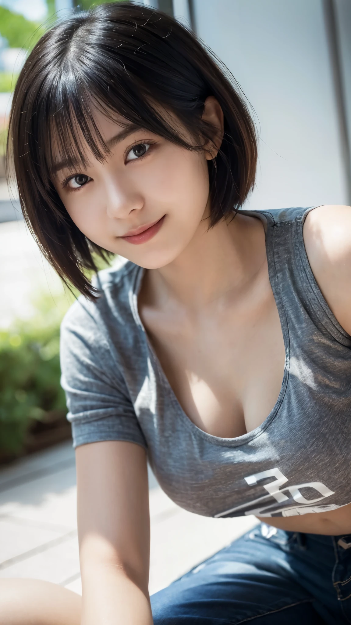 (highest quality,8K,masterpiece:1.3,),(ultra high resolution,photorealistic:1.4,RAW photo),(Super detailed,caustics),(living),(sit),(low position:1.4),(Low - Angle:1.3),18-year-old,cute,black short hair,Smiling and looking at the camera,T-shirt,(big :1.1),jeans,(front shot:1.1),bust up shot,(breast focus:1.1),(Close-up:1.2),Natural light,