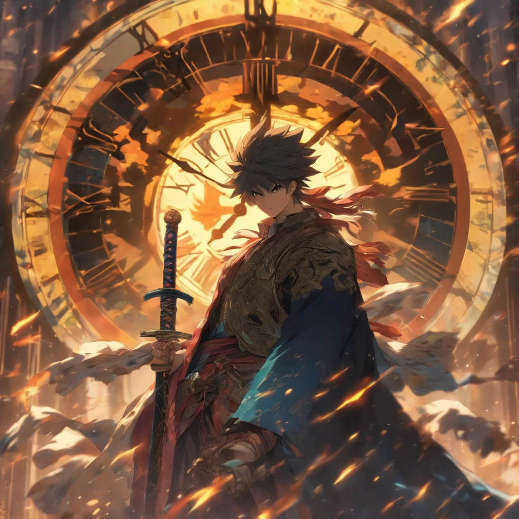 a man with a sword standing in front of a clock, por Yang J, keqing de genshin impact, epic anime fantasy, arte de fantasia de anime 2. 5 d cgi, [trend at CGSociety]!!, advanced anime digital art”, anime epic art, kawacy, epic fantasy art style, trends on artstation pixiv, arte de fantasia de anime