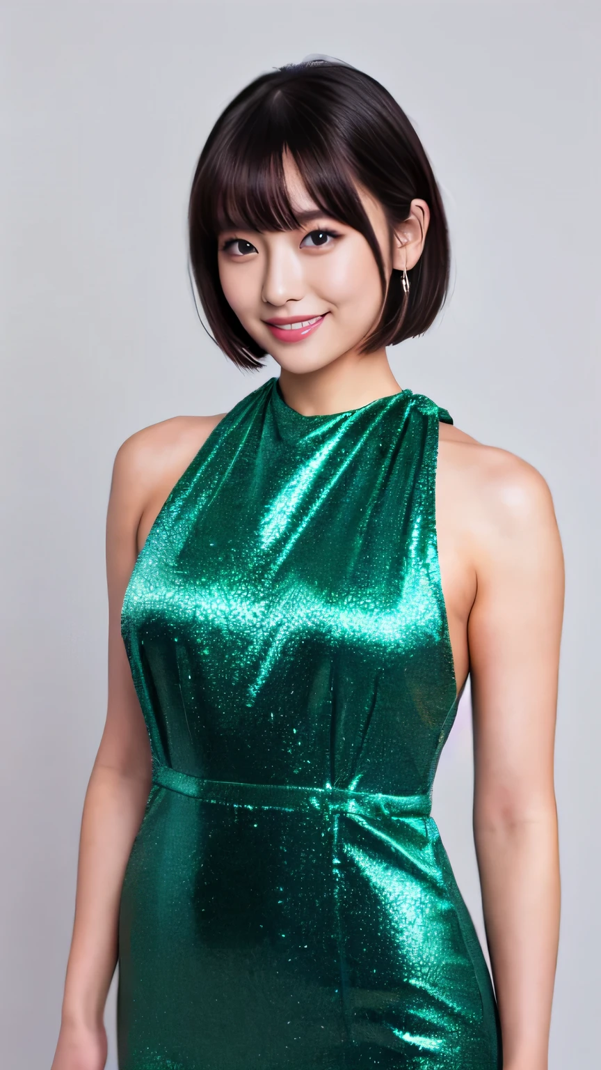 Hyper-Realism, (Photorealsitic:1.4), 8K, maximum resolution, (masterpiece), highly detailed, best quality, Refined face, Japanese beautiful woman, detailed beautiful eyes and lip, beautiful face, 25yo, (full body:1.3), (whole body:1.3), Shirring one-piece dress, physique, short hair, smile