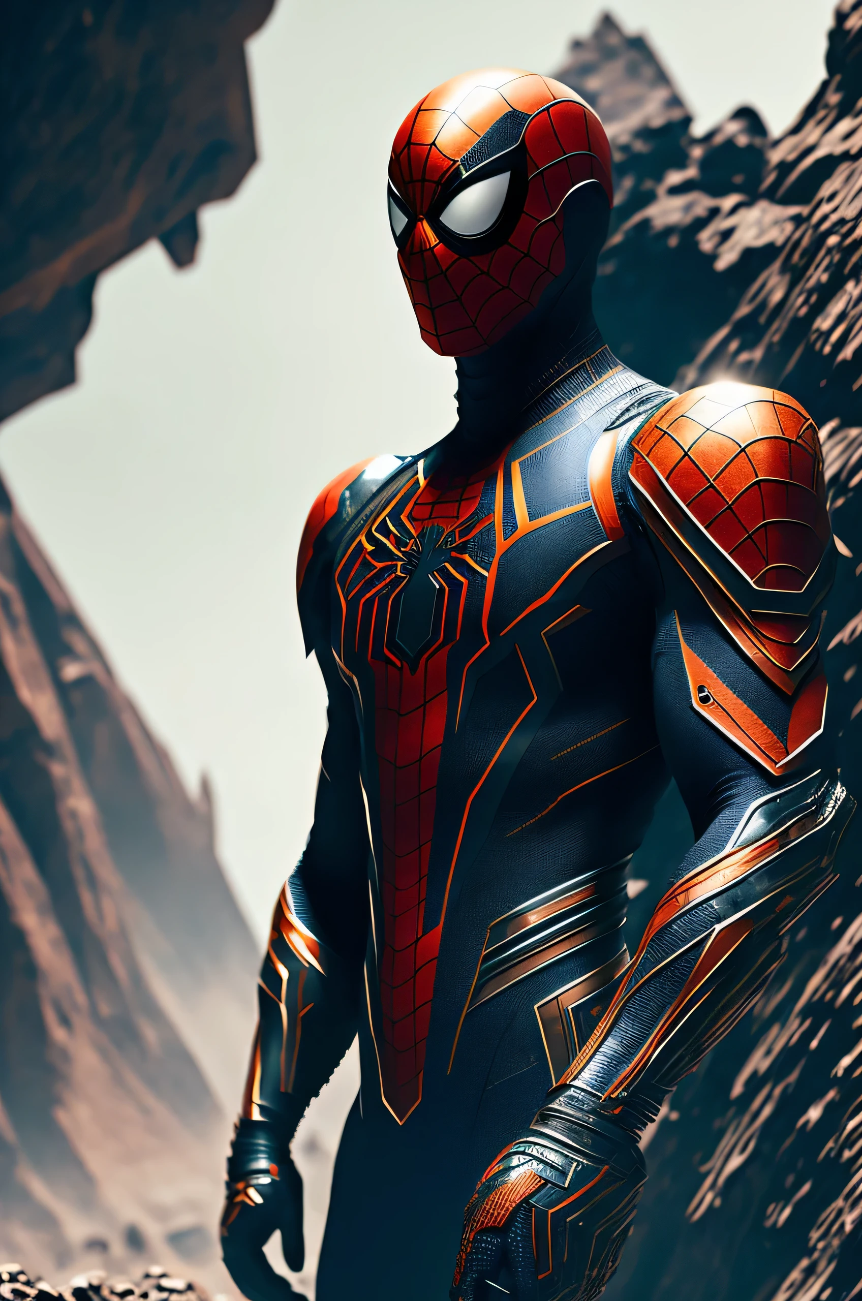 Imagine Spider-Man in a futuristic version of his costume, explorando uma base lunar na mais alta qualidade (1.35:1 ratio, obra de arte:1.35), an original wallpaper illustration in every detail. Ele se destaca no fundo com um efeito de profundidade de campo, seu corpo cheio de texturas complexas e cores vibrantes. Seu traje futurista brilha na luz suave, casting subtle reflections on the rugged lunar landscape. Os olhos dele, afiado e focado, are full of determination as he scans his surroundings, the complex web pattern on his mask standing out in stark contrast. A base, um enferrujado, labirinto industrial de metal e