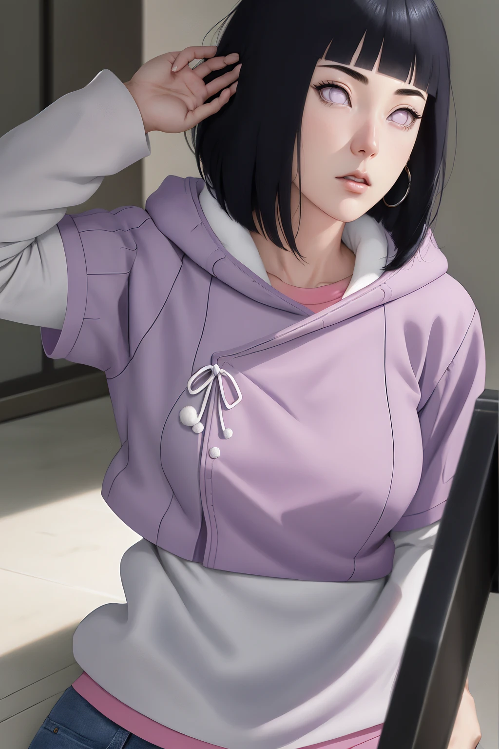 { - anatomy error} (Masterpiece - Ultra-detailed, very high resolution) , absurdities, Hinata\(Boruto\), 1girl, alone,Mature female, Purple hood, layered white sleeves, jeans, perfect composition, full lips, big chest, beautiful face, body proportion, blushing, (pink lips), black hair short (black hair), lilac eyes, soft look, super realistic, circumstantial, realistic face and body, realistic hair, realistic eyes, realistic nose, realistic lips, with big hoop earrings, anime. reading, writing, walking, backwards, lying down, standing, dynamic poses, mouth closed. Different posture.