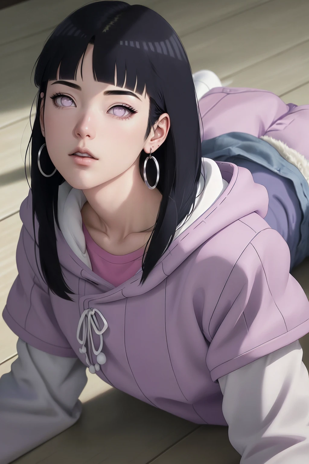 { - anatomy error} (Masterpiece - Ultra-detailed, very high resolution) , absurdities, Hinata\(Boruto\), 1girl, alone,Mature female, Purple hood, layered white sleeves, jeans, perfect composition, full lips, big chest, beautiful face, body proportion, blushing, (pink lips), black hair short (black hair), lilac eyes, soft look, super realistic, circumstantial, realistic face and body, realistic hair, realistic eyes, realistic nose, realistic lips, with big hoop earrings, anime. reading, writing, walking, backwards, lying down, standing, dynamic poses, mouth closed. Different posture.