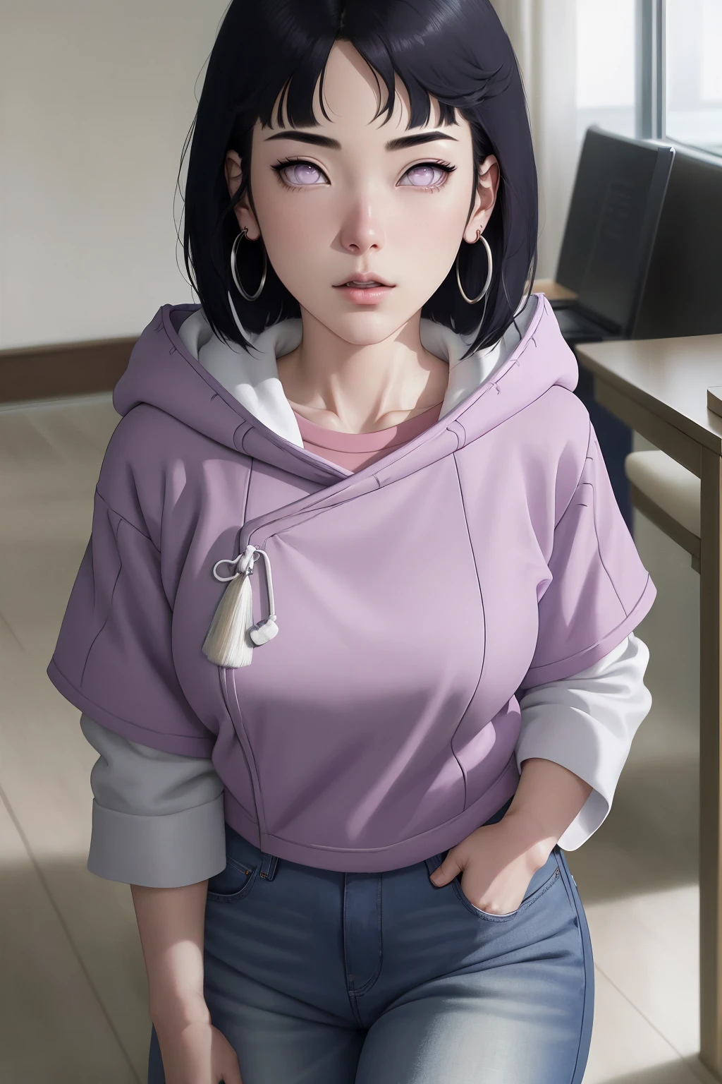 { - anatomy error} (Masterpiece - Ultra-detailed, very high resolution) , absurdities, Hinata\(Boruto\), 1girl, alone,Mature female, Purple hood, layered white sleeves, jeans, perfect composition, full lips, big chest, beautiful face, body proportion, blushing, (pink lips), black hair short (black hair), lilac eyes, soft look, super realistic, circumstantial, realistic face and body, realistic hair, realistic eyes, realistic nose, realistic lips, with big hoop earrings, anime. reading, writing, walking, backwards, lying down, standing, dynamic poses, mouth closed. Different posture.