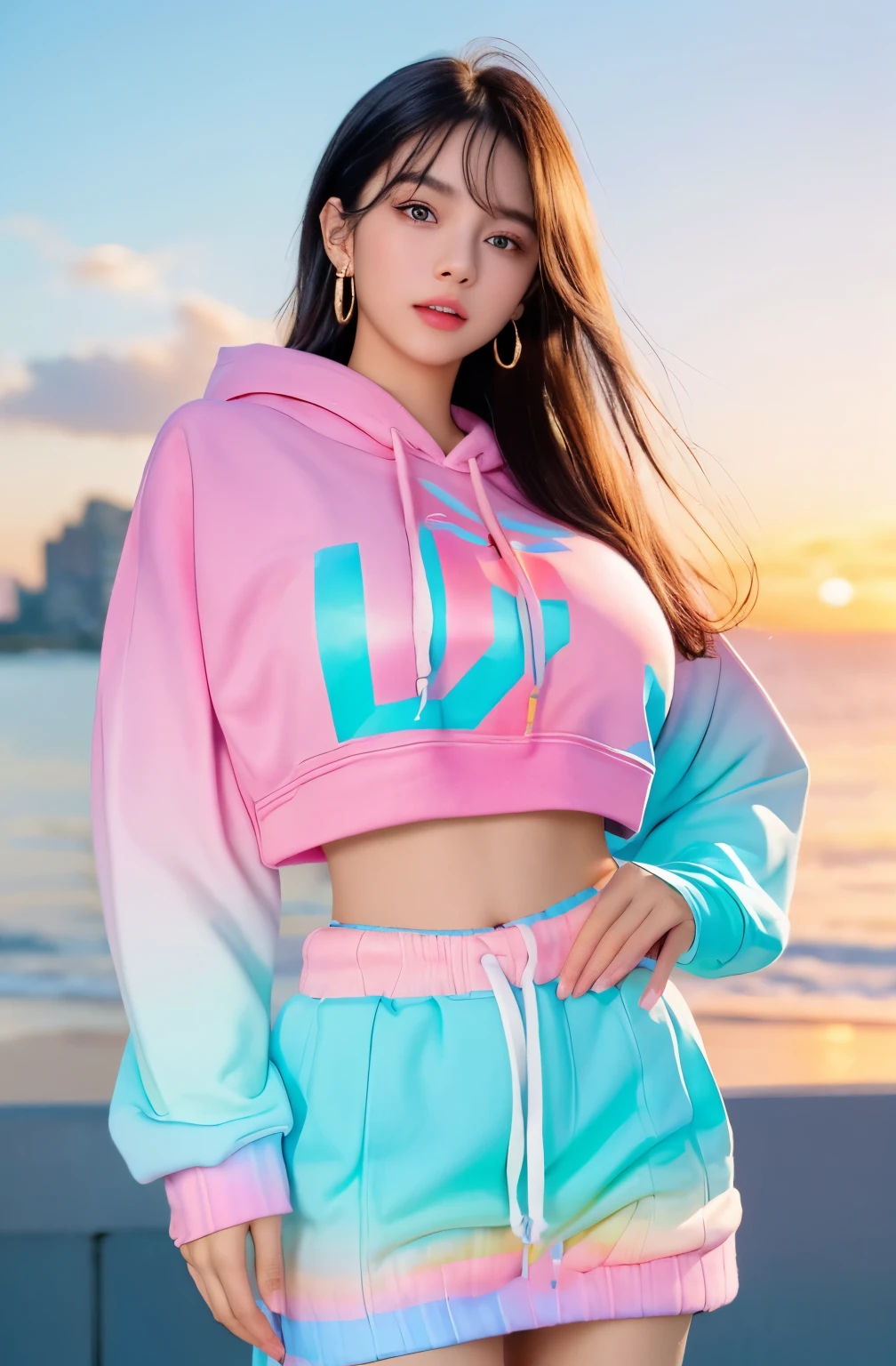 masterpiece, (photogenuineistic: 1.4), highest quality, beautiful lighting, outdoor, Girl Single, alone, diamond jewelry, earrings, long hair, golden ratio face、detailed ears、detailed eyebrows、detailed nose、detailed eye、detailed glowing lips、emeraldgreen eyes, black hair, outdoor, big breasts、Scapula, Smile、Lips that shine with glitter, null, sunset, Braided hair, hair ornaments, genuine, bangs, cloud, necklace, pillars,, (big breasts:1.4)、(Highly detailed wallpapers in CG unity 8k), Complex, high detail, sharp focus, dramatic, beautiful girl, golden details , Raw photo, 8K UHD, film grain,
Top: ((Turquoise blue and shocking pink horizontal gradient color hooded sweatshirt:1.3),(Features pop culture artistic design:1.2)),Bottoms: (Patterned pleated mini skirt:1.2)、
(from the waist up:1.4)