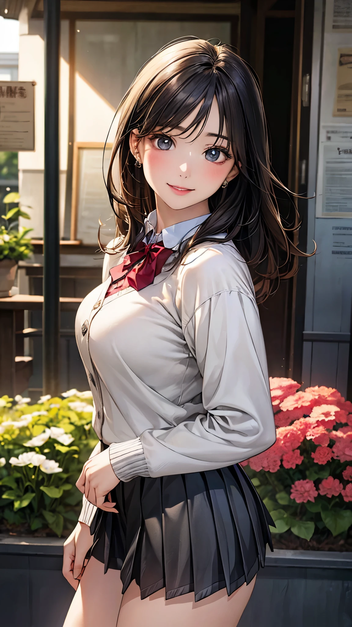 (masterpiece:1.2, top-quality), (realistic, photorealistic:1.4), beautiful illustration, (natural side lighting, movie lighting),
looking at viewer, cowboy shot, front view, 1 girl, japanese, high school girl, perfect face, cute and symmetrical face, shiny skin, babyface,
(middle hair, straight hair, black hair), swept bangs, russet eyes, (middle breasts, seductive thighs, big ass), piercings,
beautiful hair, beautiful face, beautiful detailed eyes, beautiful clavicle, beautiful body, beautiful chest, beautiful thigh, beautiful legs, beautiful fingers,
((long sleeve white collared shirts, grey pleated mini skirt)), red bow tie, light grey cardigan,
(beautiful scenery), evening, (flower shop), walking, (lovely smile, upper eyes),