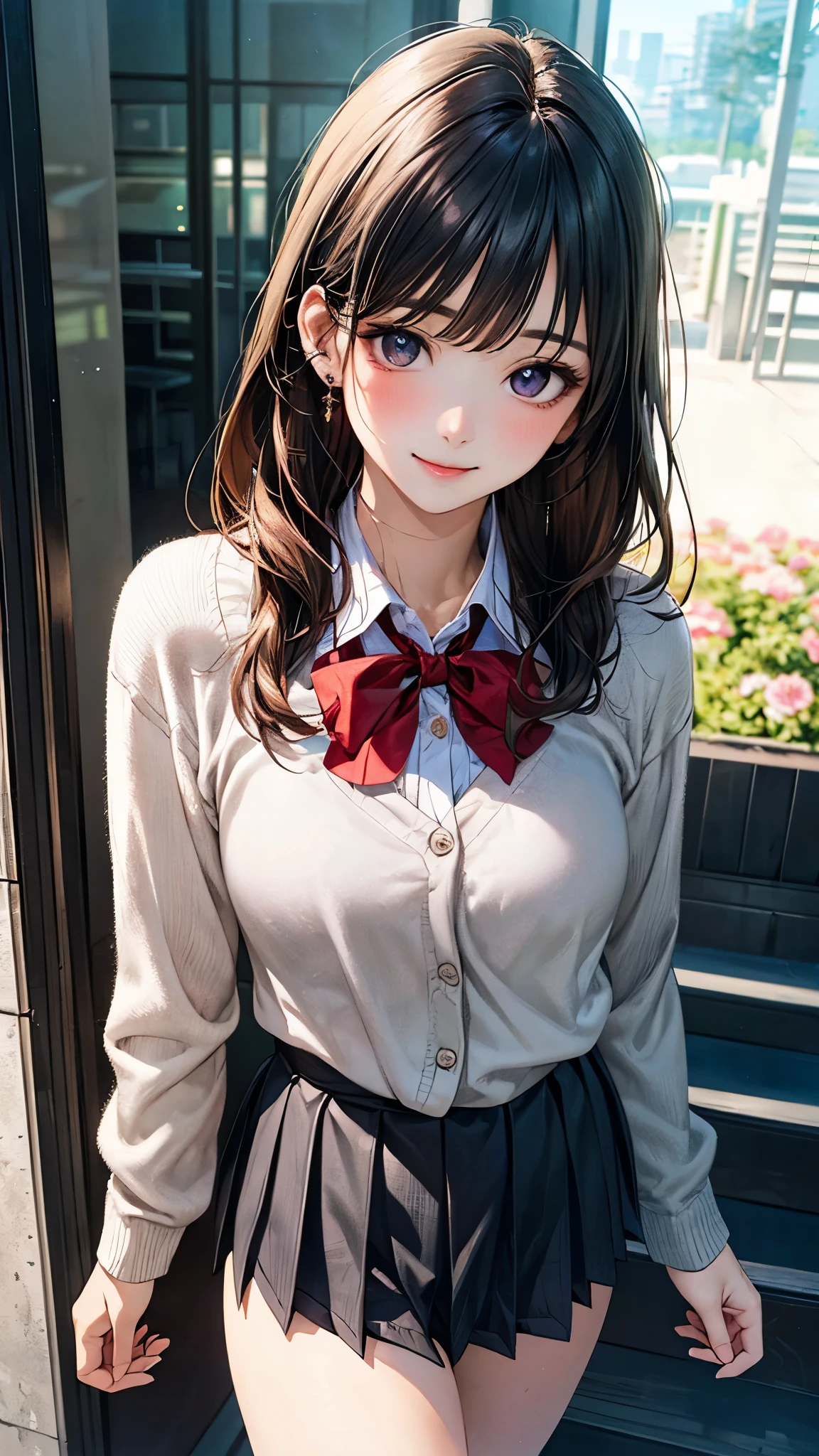 ((masterpiece, best quality, highres, UHD, perfect pixel, depth of field, 4k, RTX, HDR))), 1girl, single, solo, beautiful anime girl, beautiful artstyle, anime character, ((long hair, bangs, dark brown hair, curly hair:0.8)), ((green eyes:1.4, detailed eyes, beautiful eyes, perfect eyes,curly eyelashes, realistic eyes)), ((detailed face, blushing:1.2)), ((smooth texture:0.75, realistic texture:0.5, anime CG style)), medium breasts, dynamic angle, busty, perfect body, dynamic pose, ((red bowtie, , black jacket, open jacket, brown cardigan, white shirt, black skirt, plaid skirt)), smile, arms behind back, leaning forward, amusment park