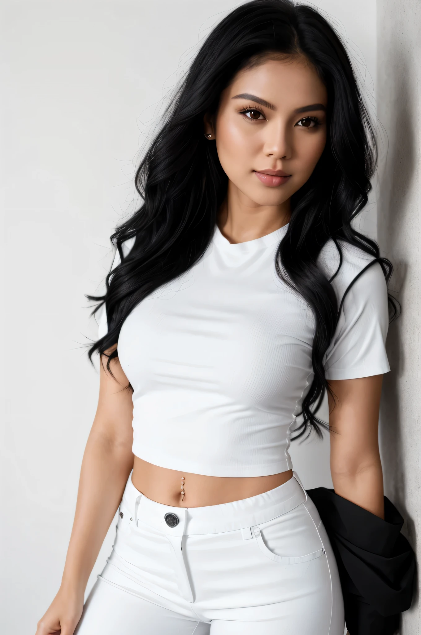 arafed woman in a black shirt and white pants posing for a picture, wearing a black shirt, portrait of modern darna, black top, cindy avelino, wearing a blouse, photoshoot for skincare brand, woman with black hair, wearing a black t-shirt, sophisticated young woman, black shirt, mid shot portrait, black outfit, female with long black wavy hair