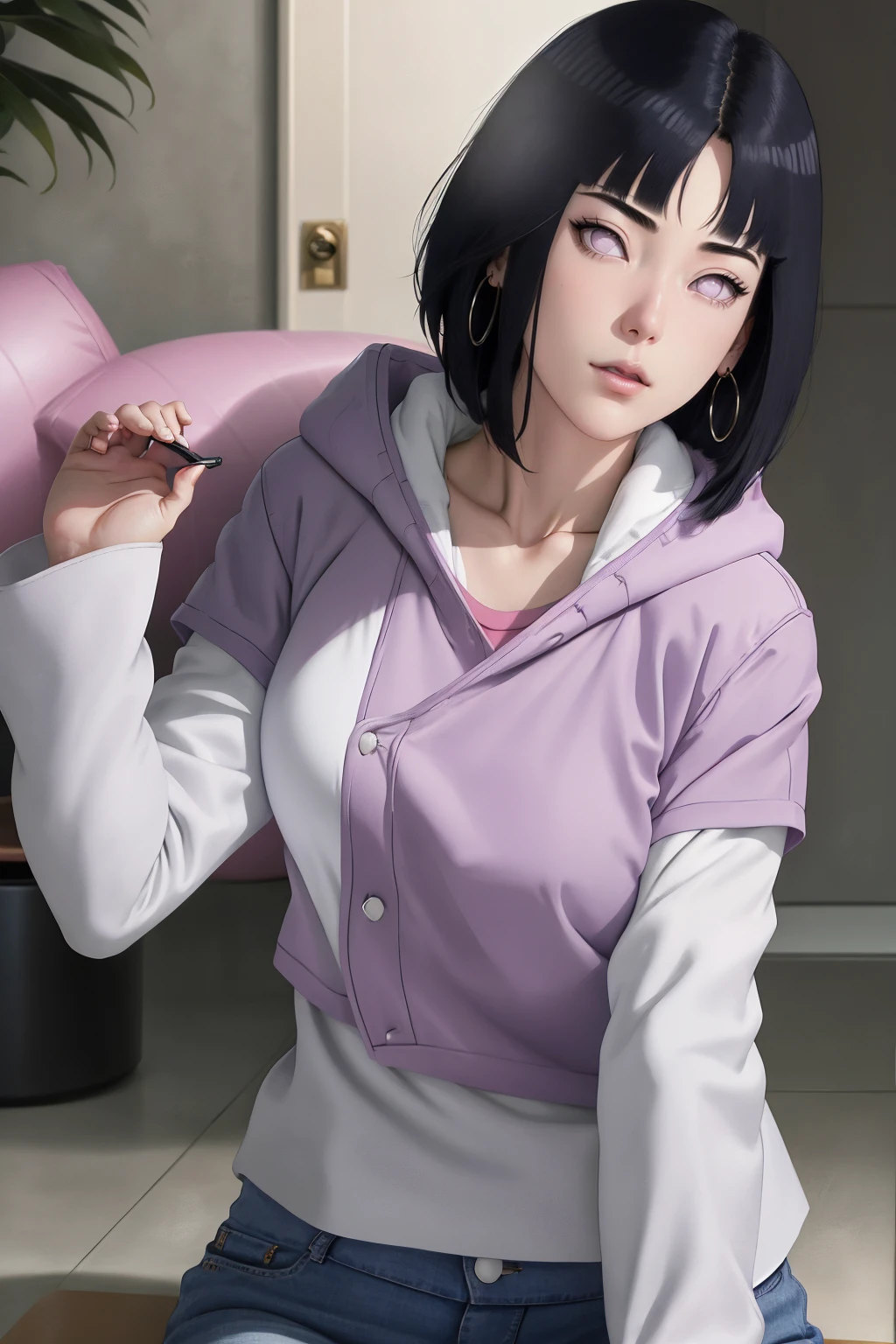 { - anatomy error} (Masterpiece - Ultra-detailed, very high resolution) , absurdities, Hinata\(Boruto\), 1girl, alone,Mature female, Purple hood, layered white sleeves, jeans, perfect composition, full lips, big chest, beautiful face, body proportion, blushing, (pink lips), black hair short (black hair), lilac eyes, soft look, super realistic, circumstantial, realistic face and body, realistic hair, realistic eyes, realistic nose, realistic lips, with big hoop earrings, anime. reading, writing, walking, backwards, lying down, standing, dynamic poses, mouth closed. Different posture.