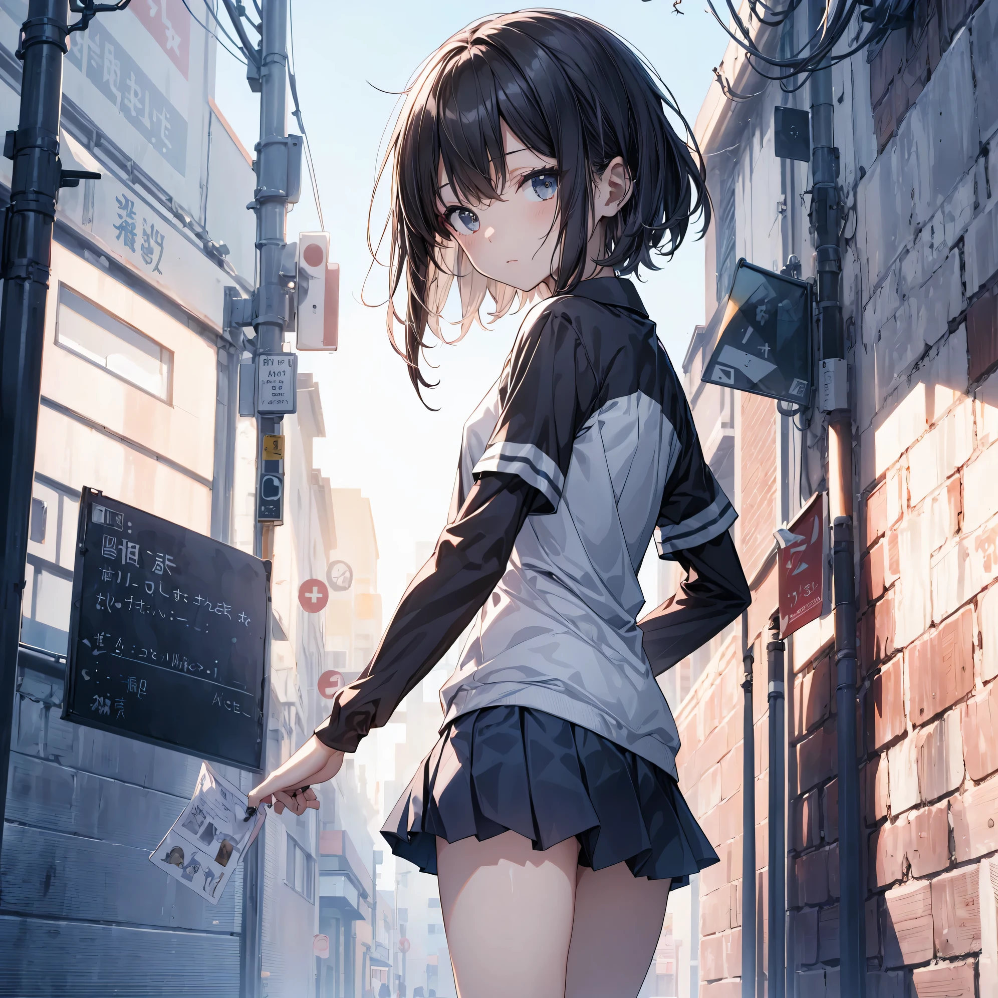 Anime girl in a short skirt and a black shirt standing in a narrow ...