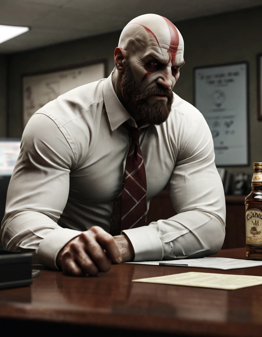 kratos working in a cubicle is looking at a bottle of liquor on his desk. he's furious that he has to work overtime. the clock says 6pm. he really wants to drink the liquor so he can finish his work. he's wearing a white button up shirt with tie. photorealistic cinematic, high quality highres high saturation detailed