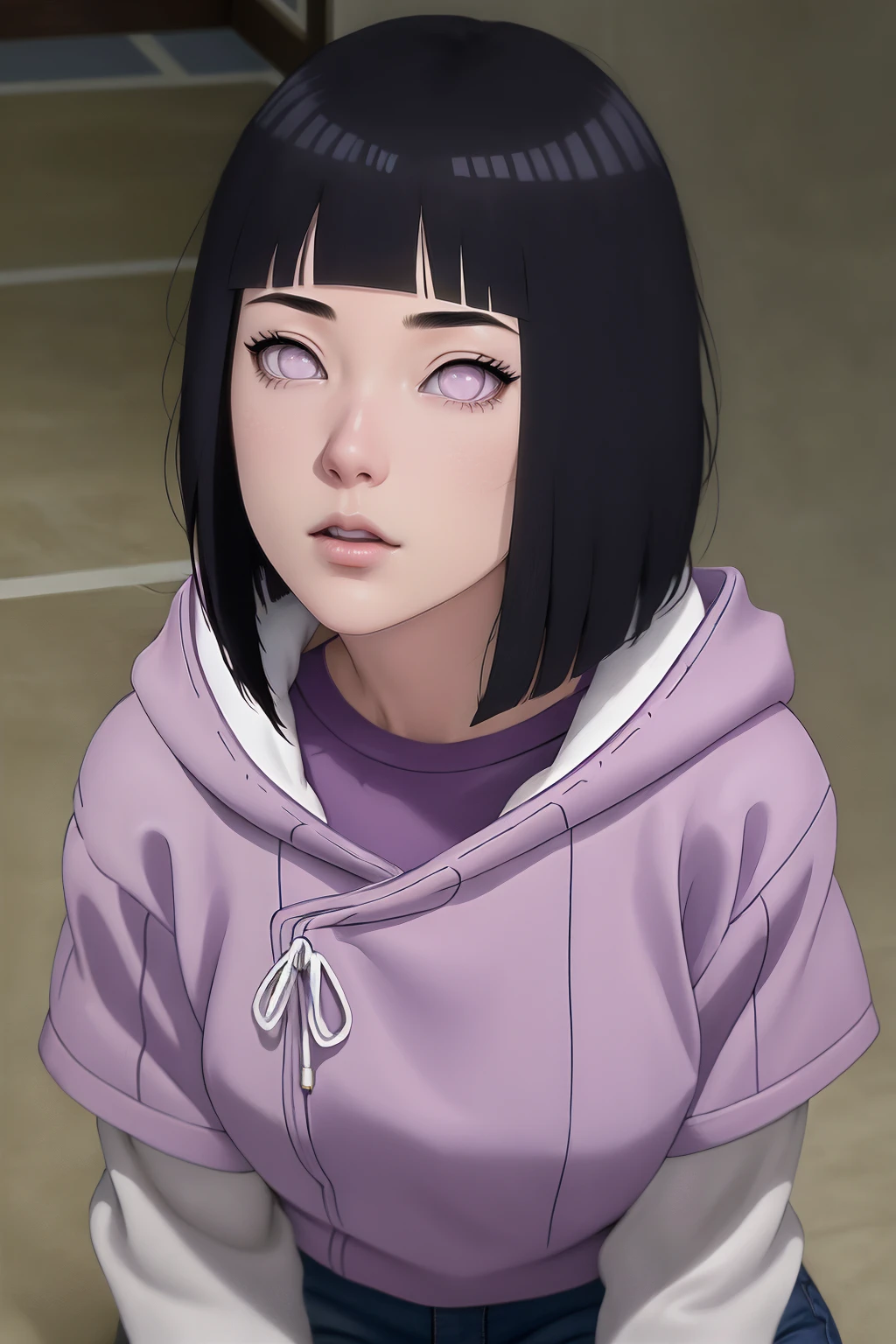 { - anatomy error} (Masterpiece - Ultra-detailed, very high resolution) , absurdities, Hinata\(Boruto\), 1girl, alone,Mature female, Purple hood, layered white sleeves, jeans, perfect composition, full lips, big chest, beautiful face, body proportion, blushing, (pink lips), black hair short (black hair), lilac eyes, soft look, super realistic, circumstantial, realistic face and body, realistic hair, realistic eyes, realistic nose, realistic lips, with big hoop earrings, anime. reading, writing, walking, backwards, lying down, standing, dynamic poses, mouth closed. Different posture.