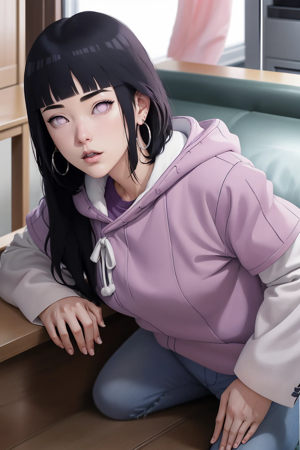 { - anatomy error} (Masterpiece - Ultra-detailed, very high resolution) , absurdities, Hinata\(Boruto\), 1girl, alone,Mature female, Purple hood, layered white sleeves, jeans, perfect composition, full lips, big chest, beautiful face, body proportion, blushing, (pink lips), black hair short (black hair), lilac eyes, soft look, super realistic, circumstantial, realistic face and body, realistic hair, realistic eyes, realistic nose, realistic lips, with big hoop earrings, anime. reading, writing, walking, backwards, lying down, standing, dynamic poses, mouth closed. Different posture.