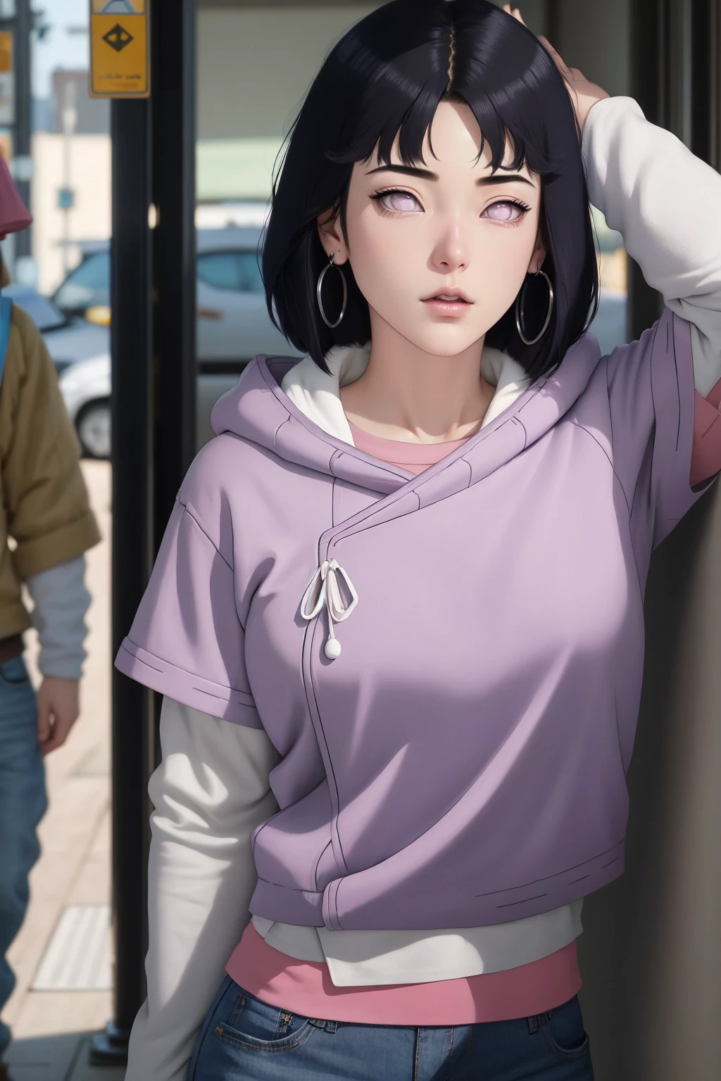 { - anatomy error} (Masterpiece - Ultra-detailed, very high resolution) , absurdities, Hinata\(Boruto\), 1girl, alone,Mature female, Purple hood, layered white sleeves, jeans, perfect composition, full lips, big chest, beautiful face, body proportion, blushing, (pink lips), black hair short (black hair), lilac eyes, soft look, super realistic, circumstantial, realistic face and body, realistic hair, realistic eyes, realistic nose, realistic lips, with big hoop earrings, anime. reading, writing, walking, backwards, lying down, standing, dynamic poses, mouth closed. Different posture.