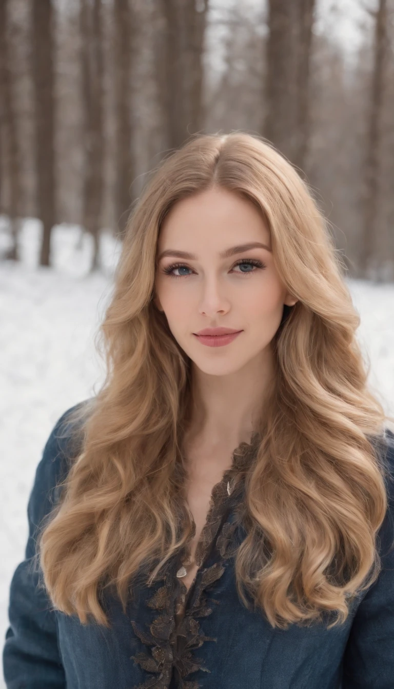 Junge Frau mit blonden langen Haaren, she smiles, she wears makeup and lip gloss, sie steht im Schnee, Sonne, Full body recording, schwarze Boots, blaue Jeans, Mantel, Ohrringe, Schmuck, Ultra quality, high-level image quality, Ultra realistic