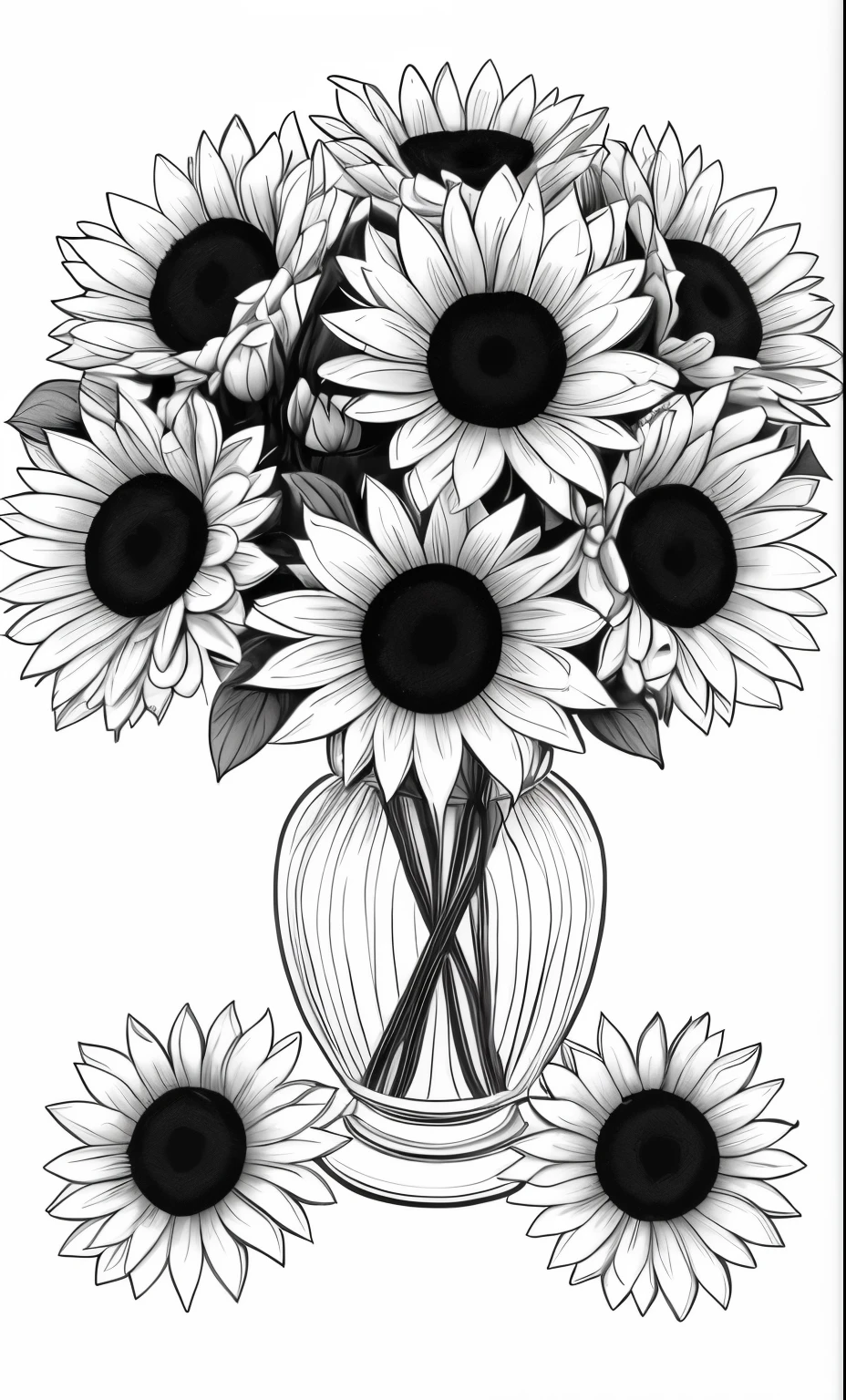 a black and white drawing of a vase of rosé flowers, black and white color only, black and white coloring, detailed flowers, flowers with intricate detail, coloring pages, sketch black and white colors, i dream of a vase flowers, simple yet detailed, with colored flowers, realistic black and white, colouring pages, 1024x1024, immaculate shading