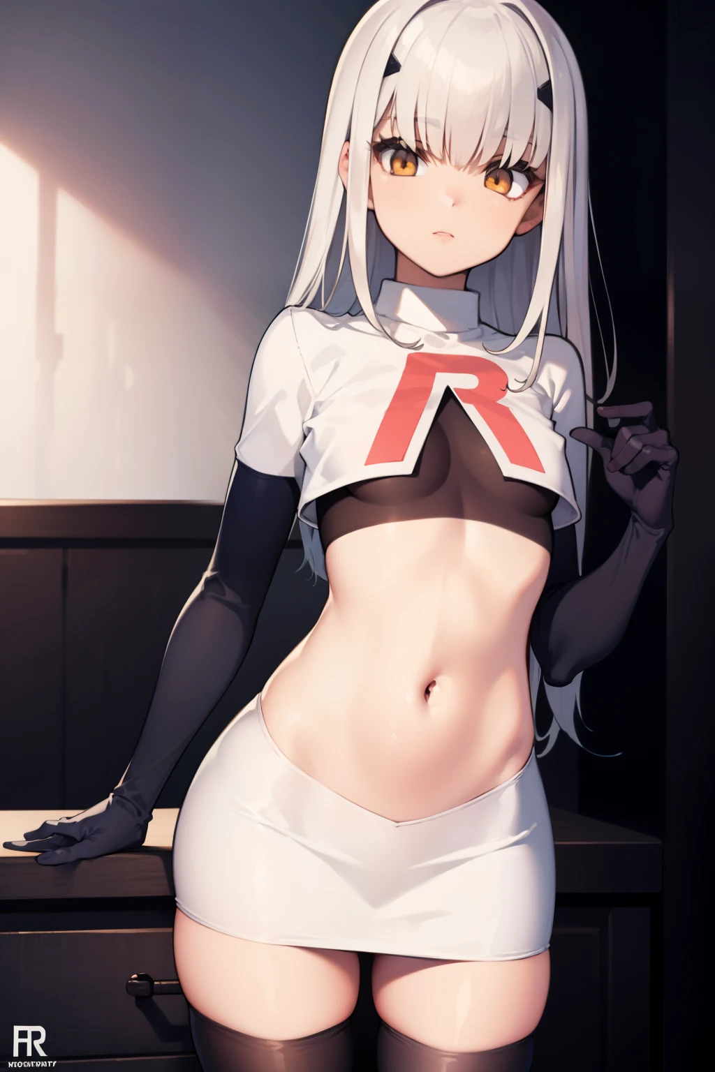 melusine, melusine, (brown eyes:1.5), long hair, white hair, sidelocks, (small breast:1.2),
BREAK team rocket,team rocket uniform,white skirt,red letter R,crop top,black thigh-highs,black elbow gloves,
BREAK looking at viewer,
BREAK (masterpiece:1.2), best quality, high resolution, unity 8k wallpaper, (illustration:0.8), (beautiful detailed eyes:1.6), extremely detailed face, perfect lighting, extremely detailed CG, (perfect hands, perfect anatomy),