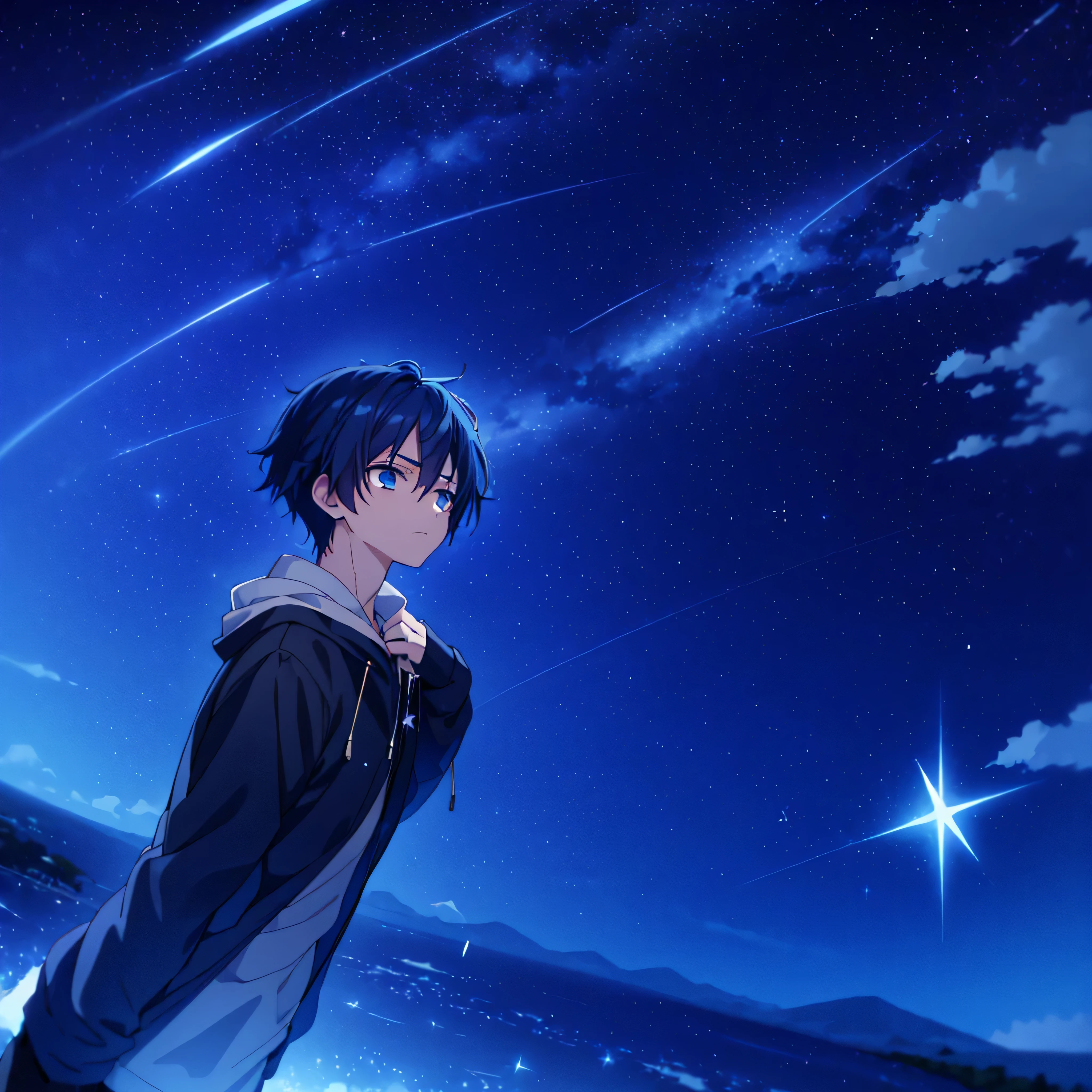 Depressed anime boy ., Dark blue hair, star falling in the background, boy looking at a shooting star.