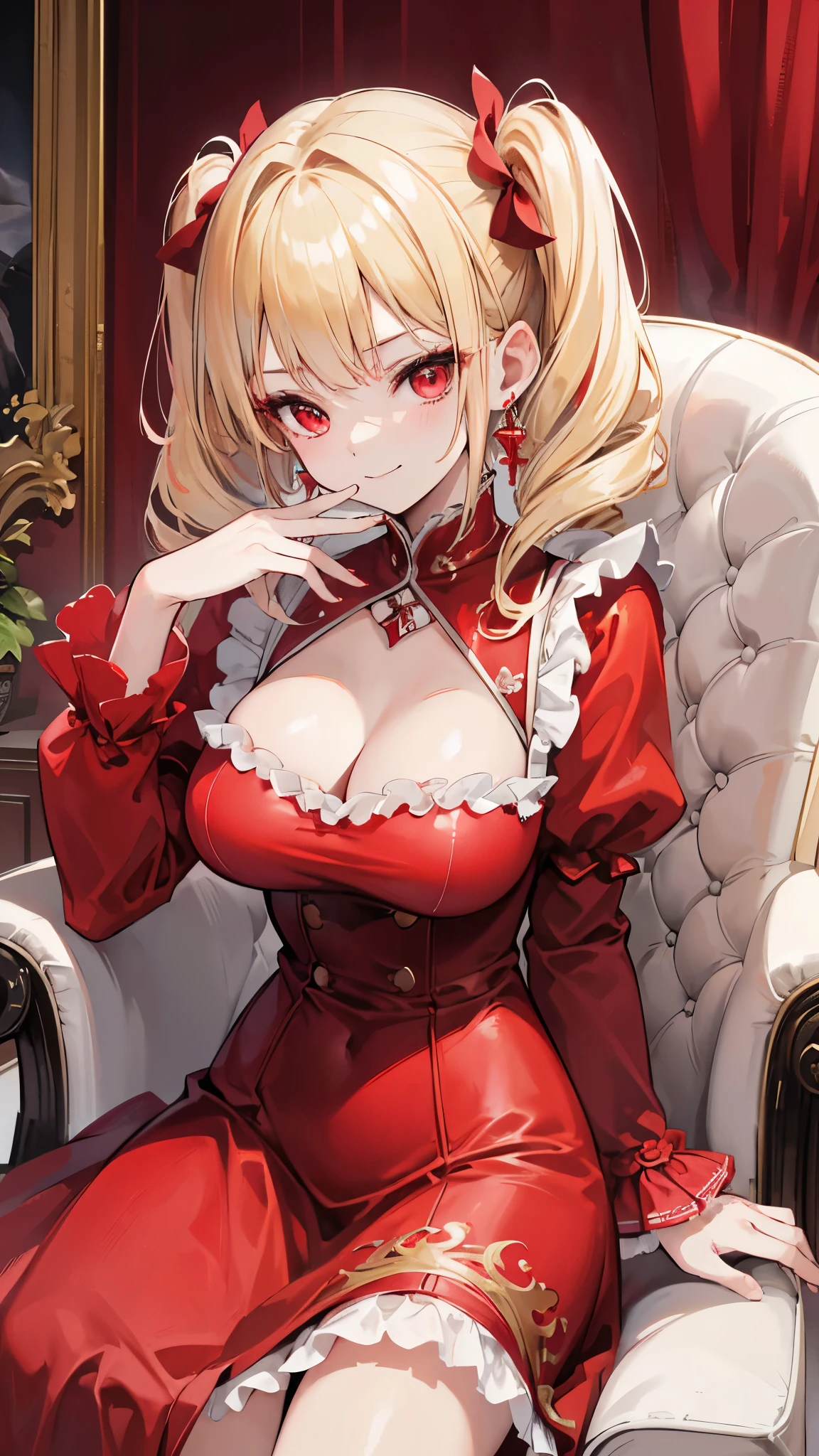 (8K、Highest image quality、highest quality、masterpiece)、detailed face、1 girl、blonde、twintails、drill hair、red eyes、earrings、evil smile、big breasts、cleavage、red dress、white ruffles、put your hand over your mouth、cowboy shot、sit in a luxurious chair、Luxury room background
