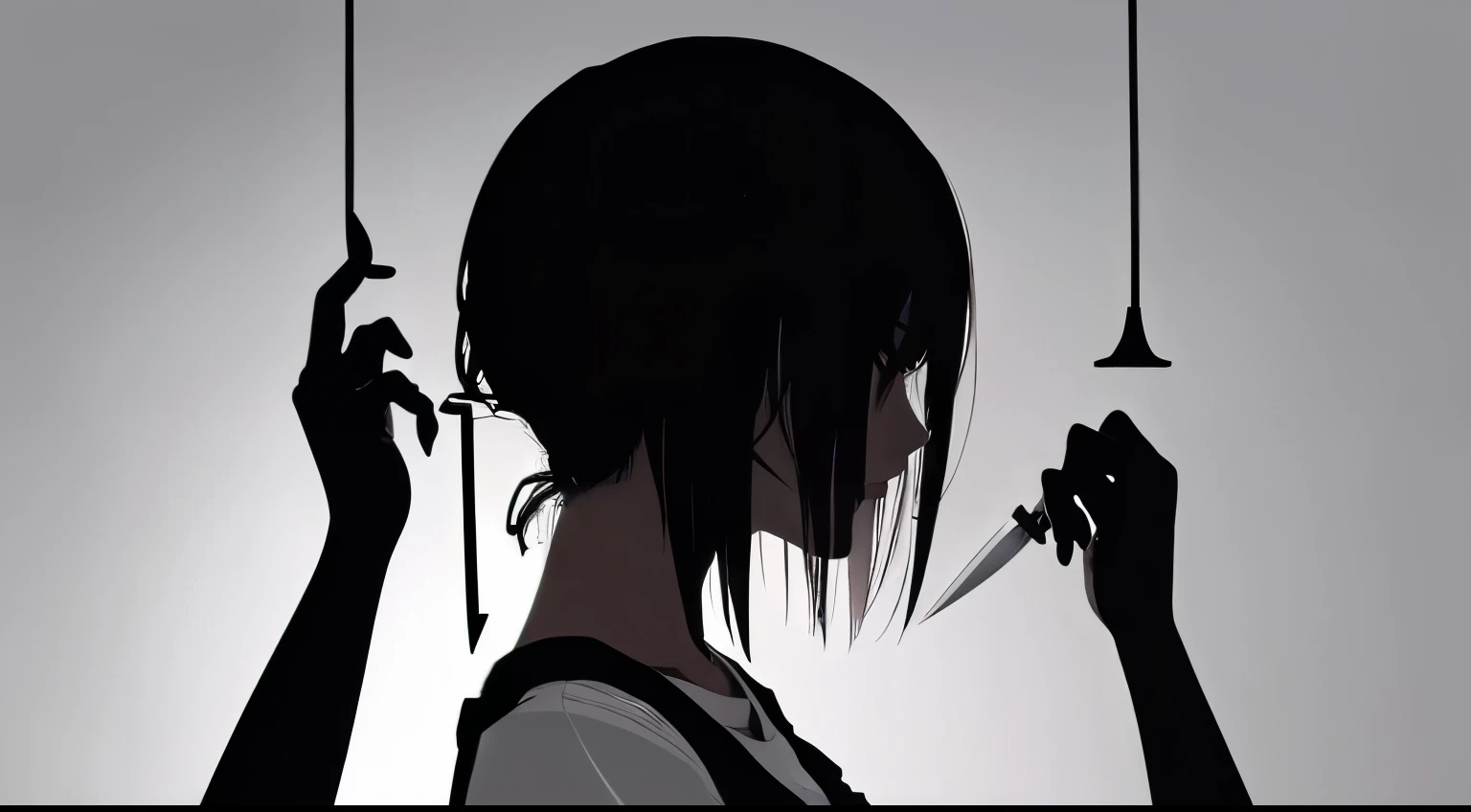 (very delicate and beautiful）、suicide、knife、（Ｔshirt）woman、Offensive photo、solo、（silhouette）、（With movement）、dark background、Black figure、（silhouette）、slender body、background at room、Single unit、sad、1 person、