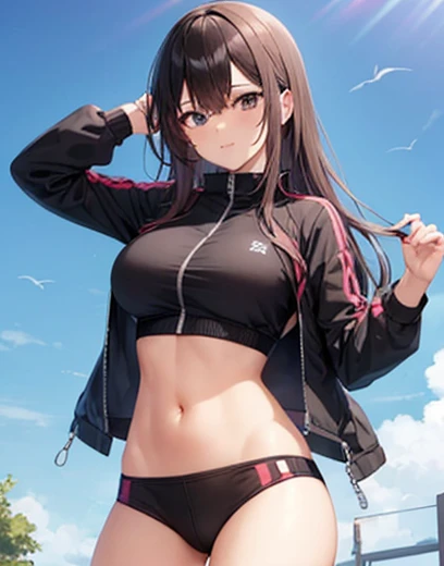 Mujer anime. Sexy Athletic. Vestida ropa ajustada de cuero. Y campera negra
