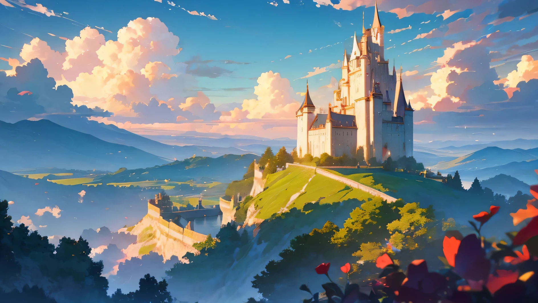 a castle floating in the sky on a big cloud, golden hour, romantic and nostalgic, flowers and roses