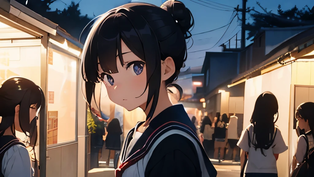 Cleaning up the school festival、high school 、16 yeartic girl、cute、hair is black and long、bun hair、there are a lot of people around、night、It's dark around