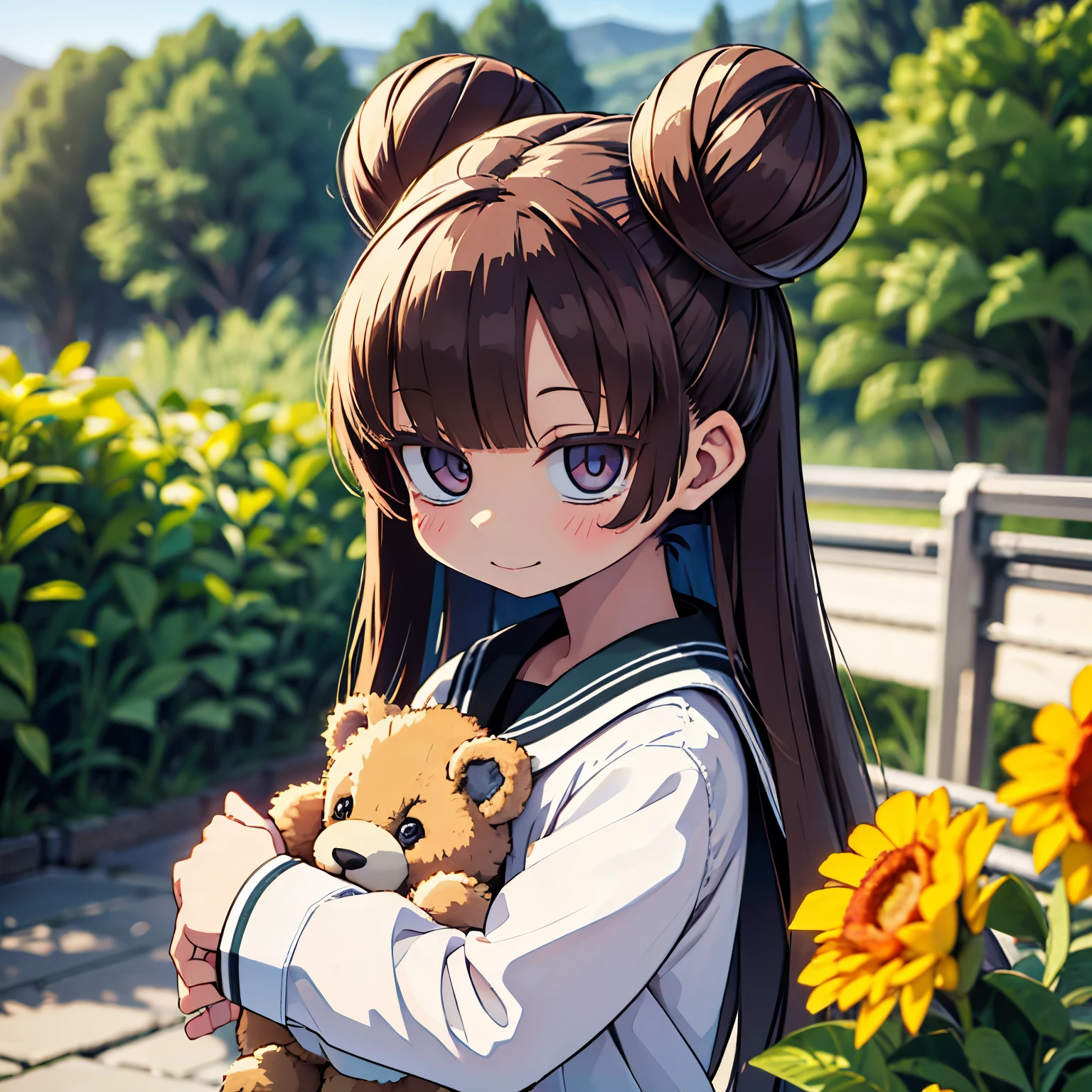 (best quality,4k,8k,highres,masterpiece:1.2),ultra-detailed,(realistic,photorealistic,photo-realistic:1.37),Illustration,Octane Render,morning park,a walking with a teddy bear, the girl has a bun hairstyle and a smiling face, vibrant colors, soft sunlight, beautiful flowers, green grass, playful atmosphere, peaceful environment,detailed textures, vibrant colors, cute teddy bear outfit, joyful expression