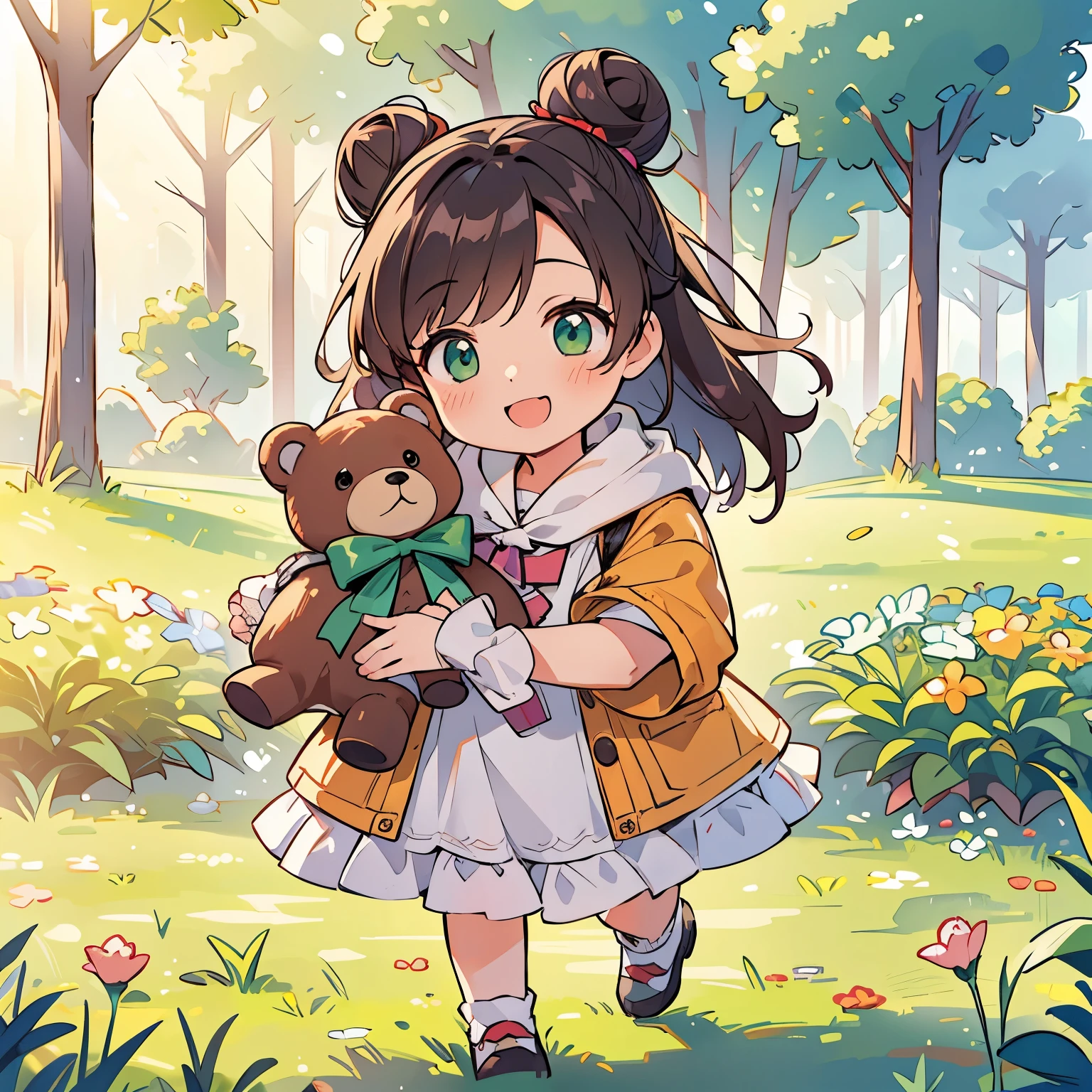 (best quality,4k,8k,highres,masterpiece:1.2),ultra-detailed,(realistic,photorealistic,photo-realistic:1.37),Illustration,Octane Render,morning park,a walking with a teddy bear, the girl has a bun hairstyle and a smiling face, vibrant colors, soft sunlight, beautiful flowers, green grass, playful atmosphere, peaceful environment,detailed textures, vibrant colors, cute teddy bear outfit, joyful expression