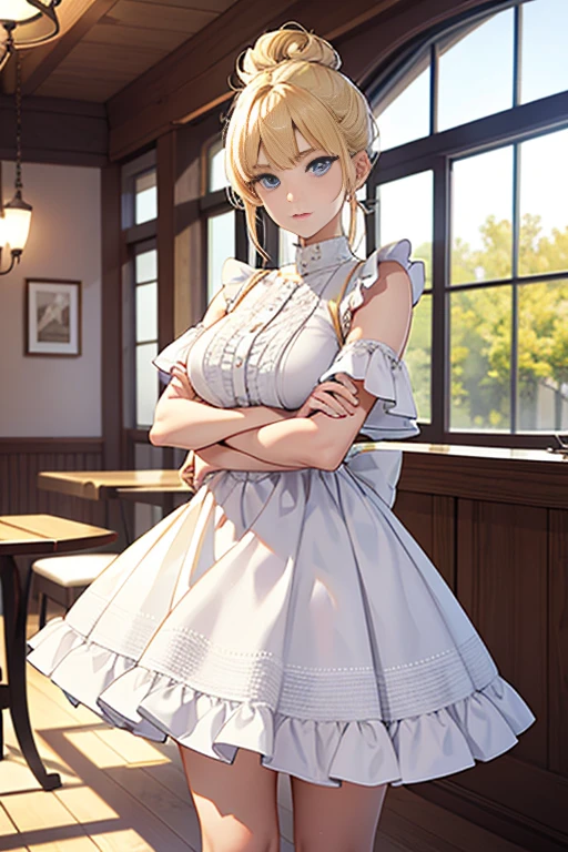 19 only,woman,blonde,blue eyes,white people,blonde,bun hair,Dresses with frills,Chubby,short,Noble,daughter