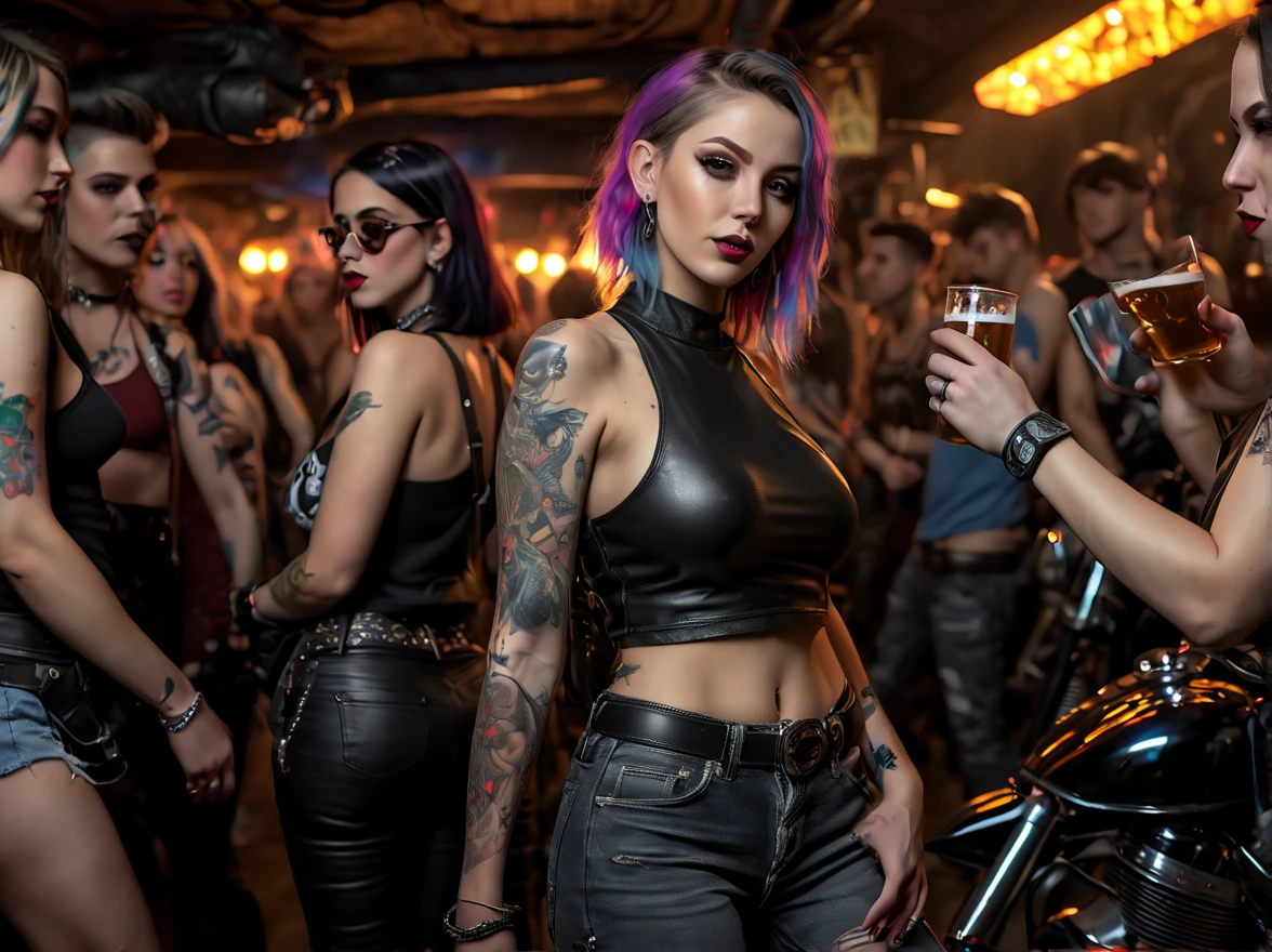 Full scene,A car inside an illegal underground bar, a party, many people, large place, , (car:1.4), underground music concert, stage, tattoos, a woman drinks a beer next girlfriend, lesbians, a crowd, punk, leather, cave, underground night bar, underground city with a network of hidden tunnels, (best quality,4k,8k,highres,masterpiece:1.2),ultra-detailed,(realistic,photorealistic,photo-realistic:1.37)