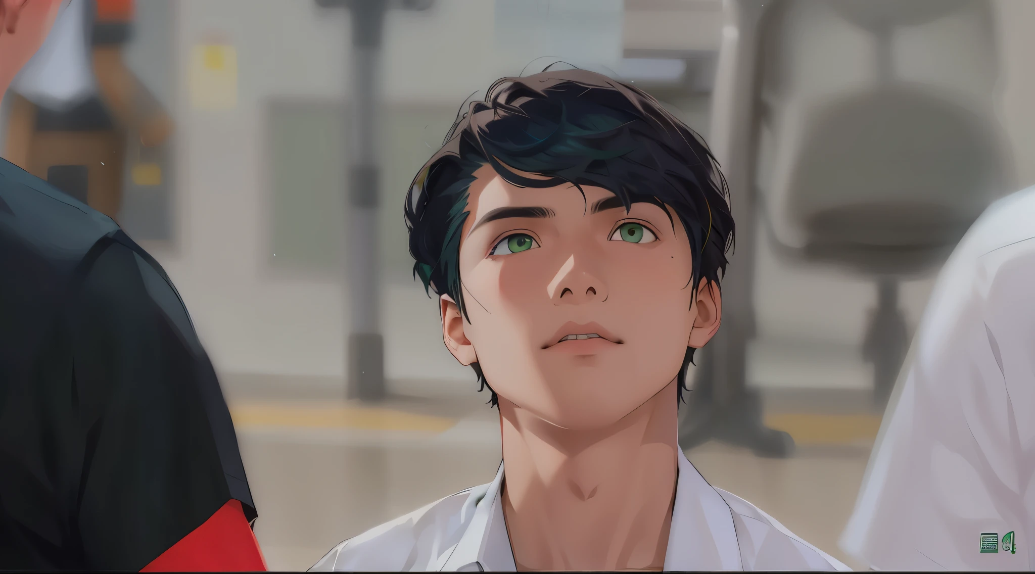 a group of 4 handsome young people of in the school classroom are talking arguing worried talking about a dangerous plan they have green hair green eyes blue t-shirt