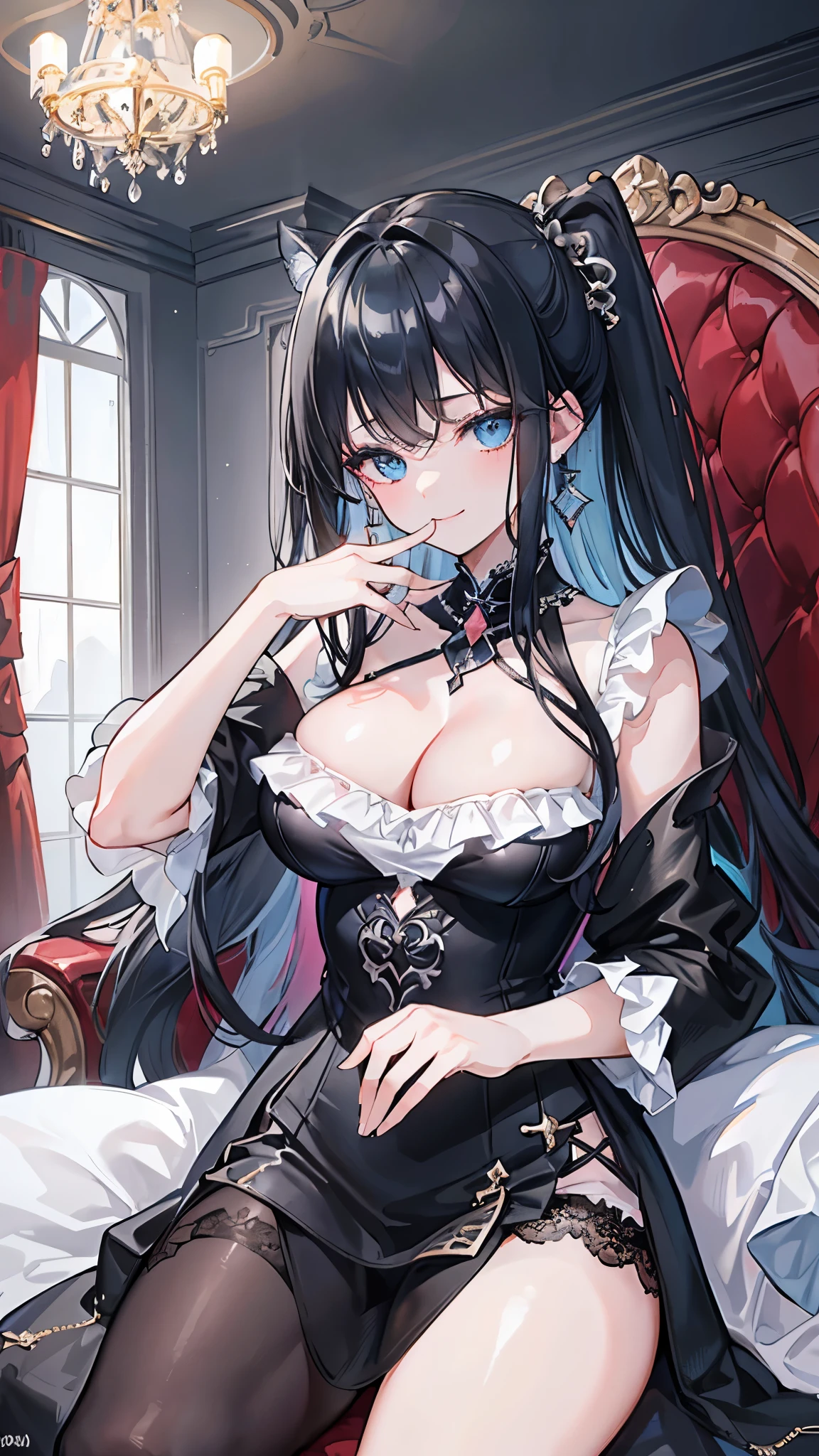 (8K、Highest image quality、highest quality、masterpiece)、detailed face、1 girl、black hair、long hair、wavy hair、light blue eyes、earrings、evil smile、big breasts、cleavage、black dress、white ruffles、skirt_tail、cowboy shot、put your hand over your mouth、sit in a luxurious chair、Take from below、Luxury room background
