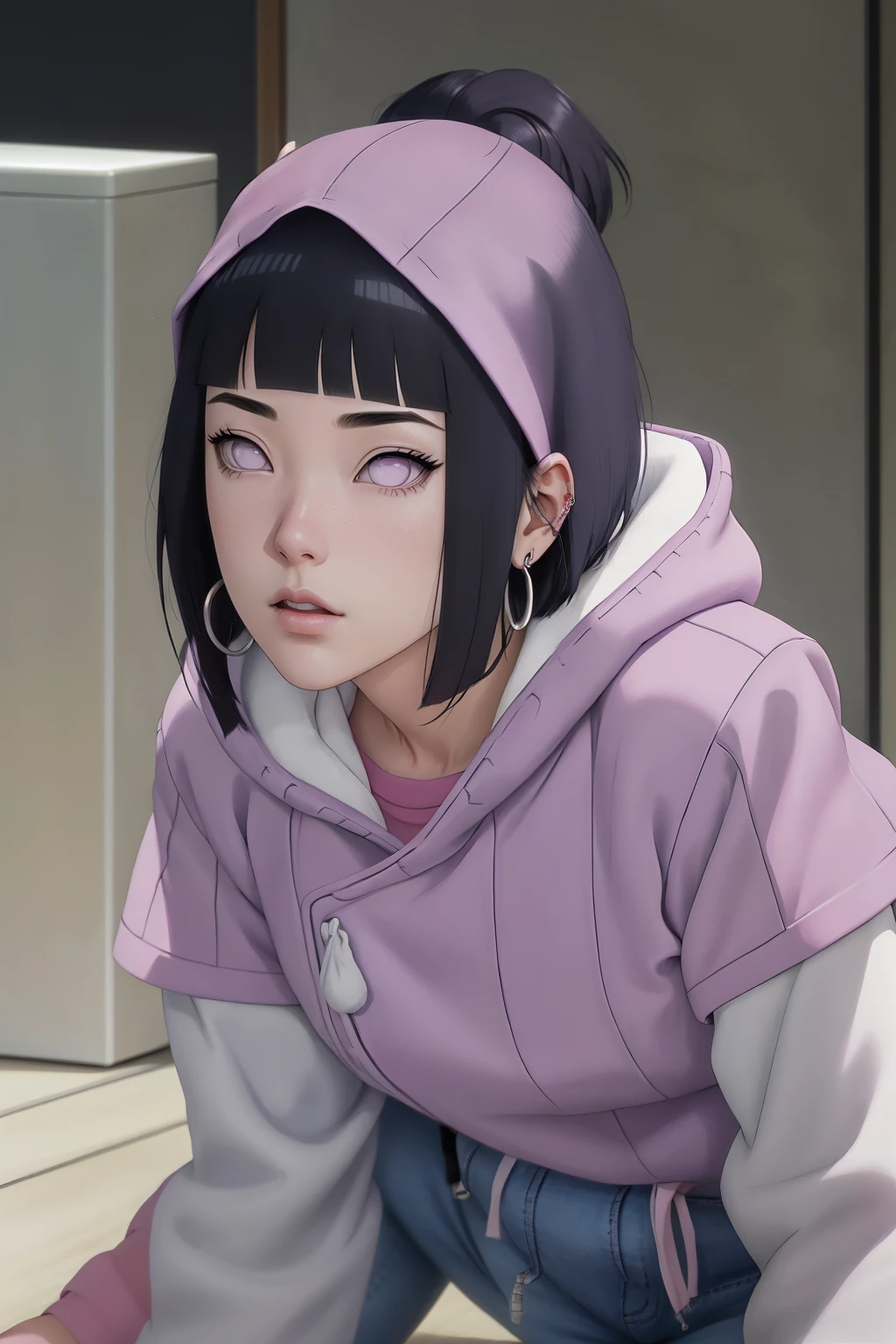 { - anatomy error} (Masterpiece - Ultra-detailed, very high resolution) , absurdities, Hinata\(Boruto\), 1girl, alone,Mature female, Purple hood, layered white sleeves, jeans, perfect composition, full lips, big chest, beautiful face, body proportion, blushing, (pink lips), black hair short (black hair), lilac eyes, soft look, super realistic, circumstantial, realistic face and body, realistic hair, realistic eyes, realistic nose, realistic lips, with big hoop earrings, anime. reading, writing, walking, backwards, lying down, standing, dynamic poses, mouth closed. Different posture.