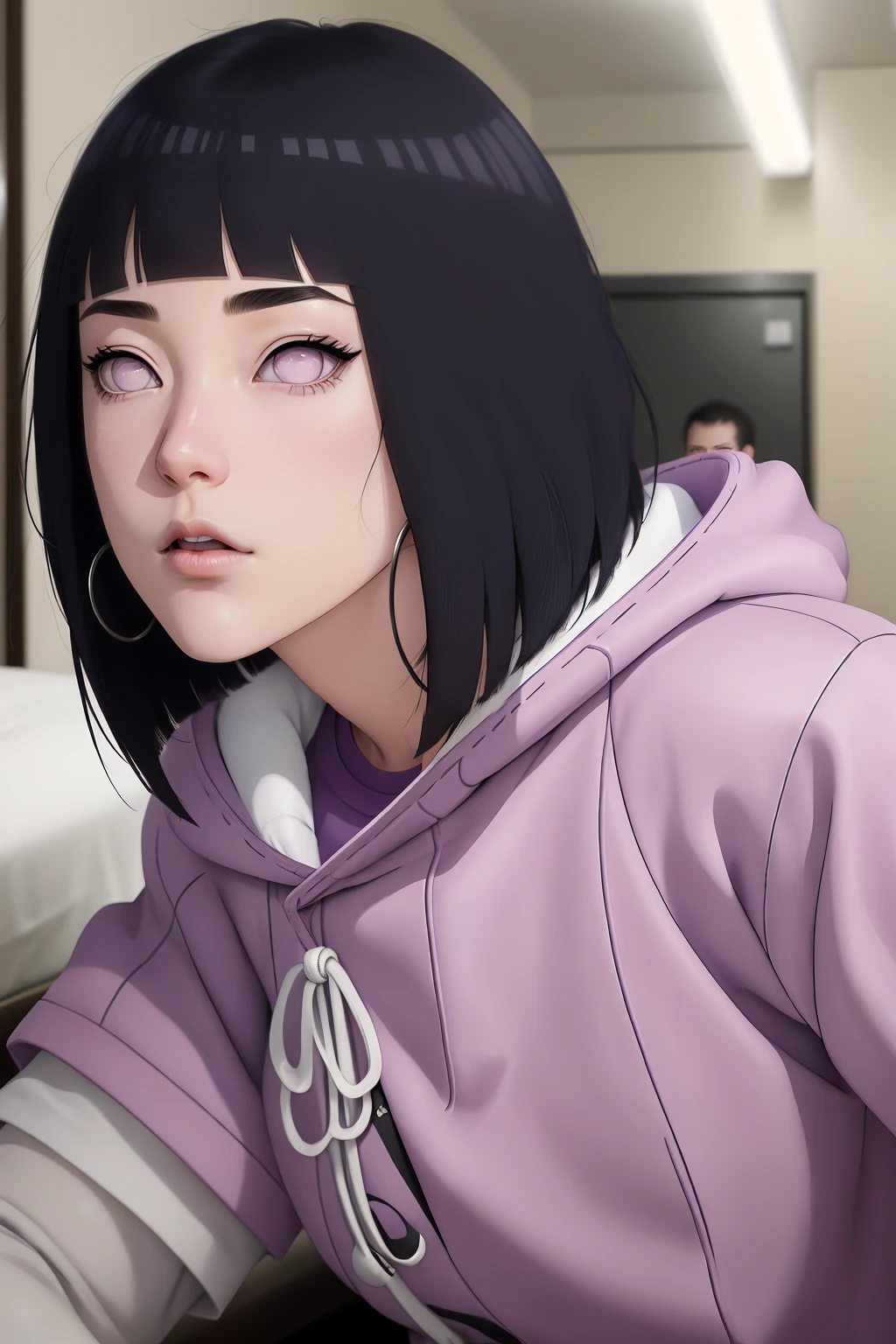 { - anatomy error} (Masterpiece - Ultra-detailed, very high resolution) , absurdos, Hinata\(Boruto\), 1girl, sozinho,Mature female, Capuz roxo,mangas em camadas, jeans, ao ar livre, Cloudy sky, perfect composition, circunstanciado lips, peito grande, beautiful face, body propotion, corar, (pink lips), cabelos pretos curto (black hair), lilac eyes, olhar suave, super realistic, circunstanciado, rosto e corpo realistas, Realistic hair, olhos realistas, nariz realista, realistic lips, anime. Walking on the floor with lilac shoes.