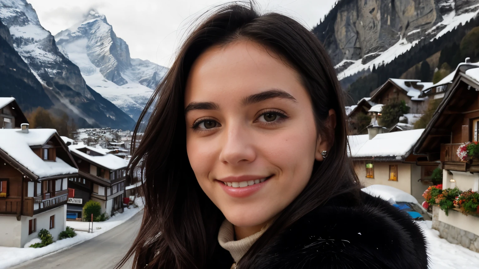 Instagram pictures, French Girl, Shoulder length hair, black hair, Close-up photo, coat, The background is the village of Grindelwald...., Switzerland, smile a little,