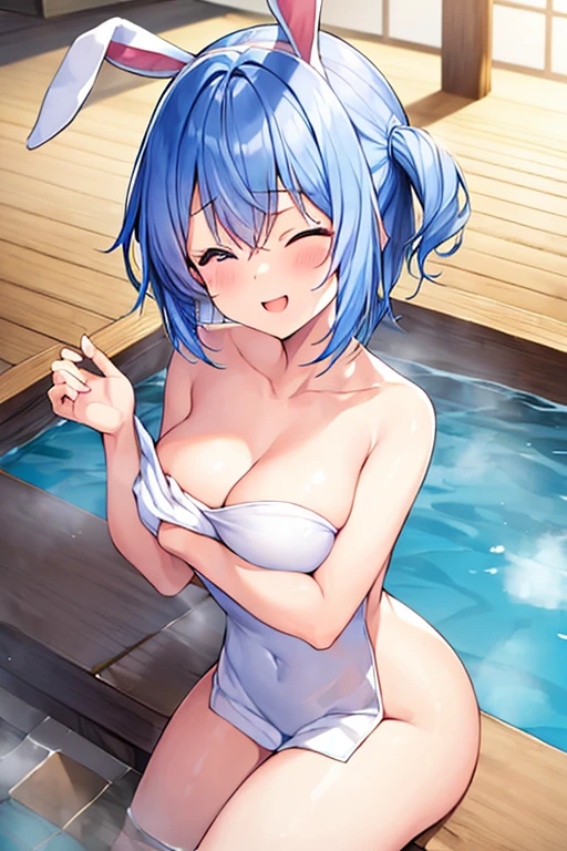 1girl, onsen, one eye closed, towel, large breasts, thick thighs, adult, 1woman, purple eyes, smile, light blue hair, very short hair, sky blue hair, rabbit ears, animal ears, bunny ears, animal ear fluff, nude cover, partially submerged, white towel, sitting