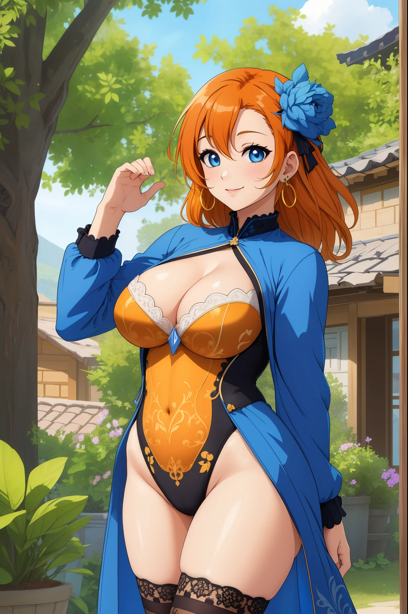 (Masterpiece, Best Quality, High Quality), professional artwork, well drawn, Intricate Details, slightly side view,solo,in village
Kousaka honoka, afternoon, milf, curvy body,long hair,
Orange hair, ultra detail hair, ultra detail face, perfect eyes, earring, Looking at Viewer, smile, pink clothes ,magical girl leotard, cleavage, thighhighs, (thighs gap:1.2)
