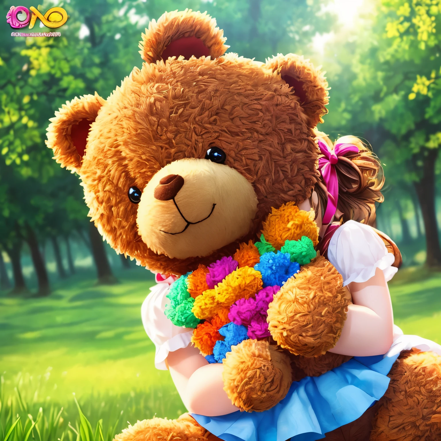 (best quality,4k,8k,highres,masterpiece:1.2),ultra-detailed,(realistic,photorealistic,photo-realistic:1.37),Illustration,Octane Render,morning park,a walking with a teddy bear, the girl has a bun hairstyle and a smiling face, vibrant colors, soft sunlight, beautiful flowers, green grass, playful atmosphere, peaceful environment,detailed textures, vibrant colors, cute teddy bear outfit, joyful expression