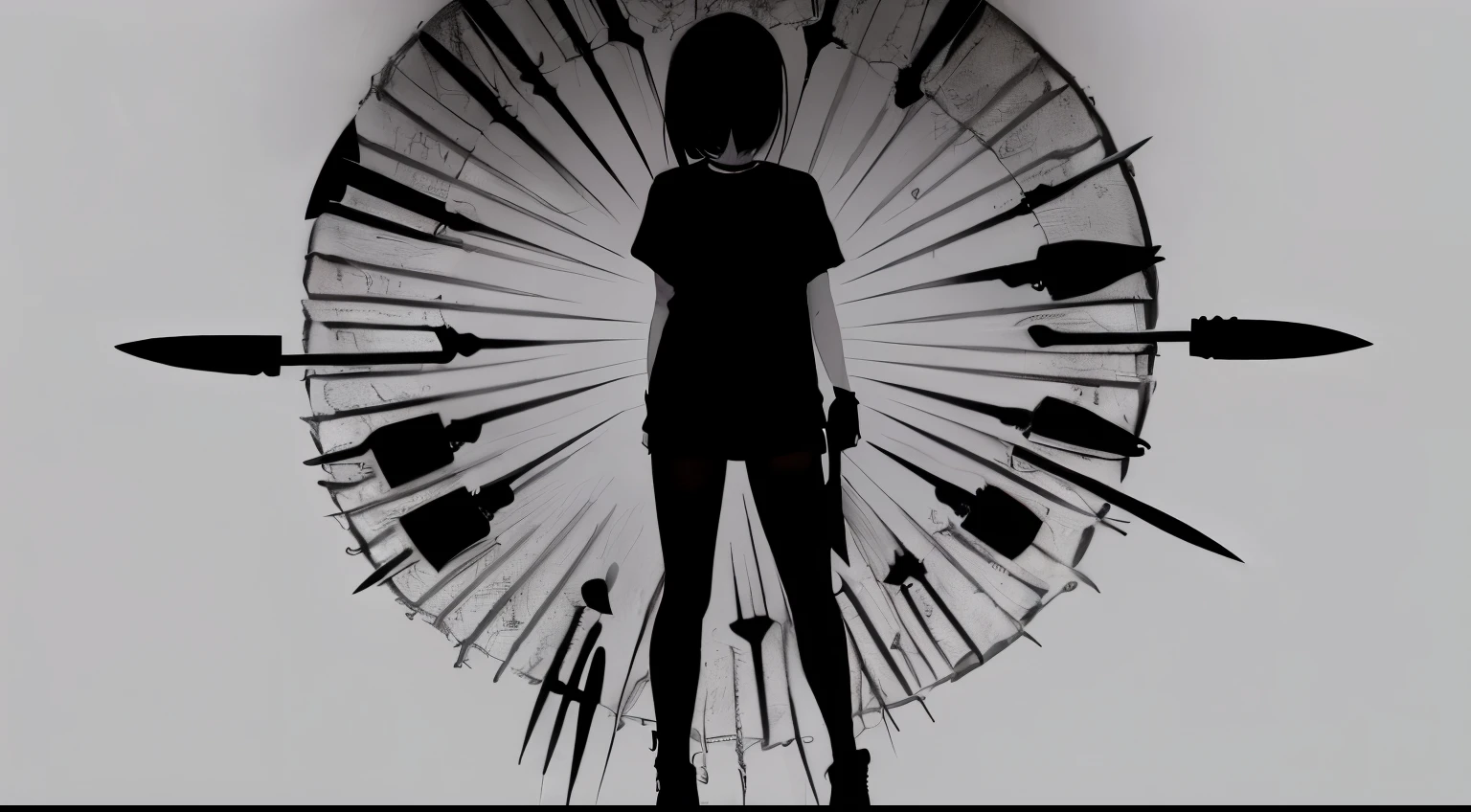 (very delicate and beautiful）、suicide、knife、（Ｔshirt）woman、Offensive photo、solo、（silhouette）、（With movement）、dark background、Black figure、（silhouette）、slender body、background at room、Single unit、sad、1 person、