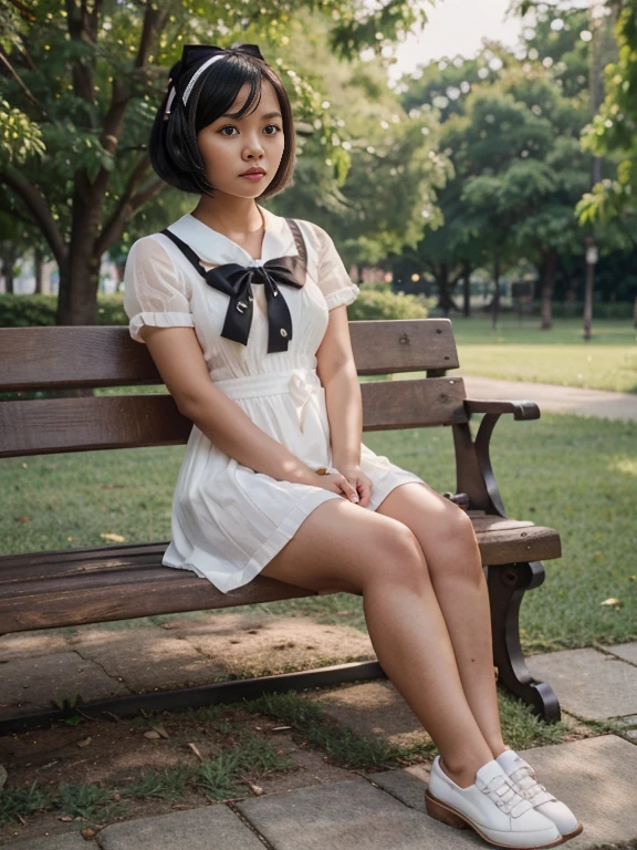 Burmese cute lady,Round face,short,chubby, brown-skinned,black bob hair with little bang wear ribbon bow clip,wearing white dress many ribbon bows,black shoes, sitting on the long wooden bench from the park with her friend ...(8k),(uhd),(high quality photos output),(ultra-realistic),(flim photography)