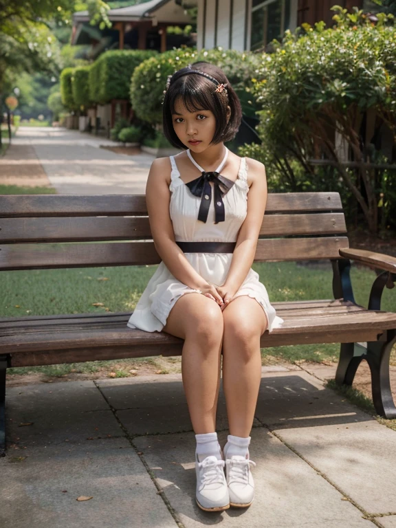 Burmese cute lady,Round face,short,chubby, brown-skinned,black bob hair with little bang wear ribbon bow clip,wearing white dress many ribbon bows,black shoes, sitting on the long wooden bench from the park with her friend ...(8k),(uhd),(high quality photos output),(ultra-realistic),(flim photography)