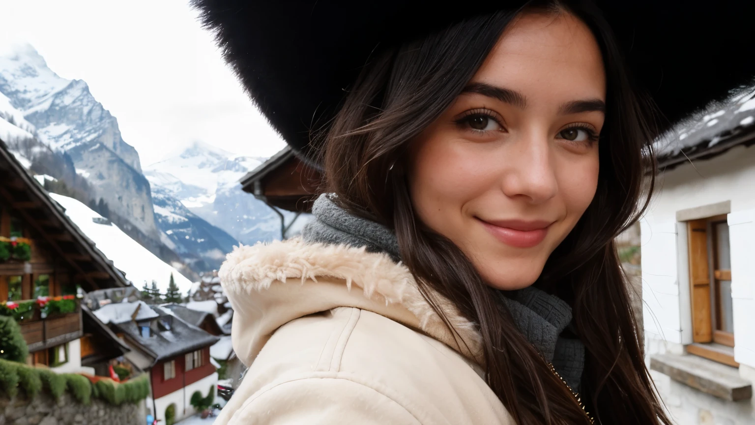 Instagram pictures, French Girl, Shoulder length hair, black hair, Close-up photo, coat, The background is the village of Grindelwald...., Switzerland, smile a little,