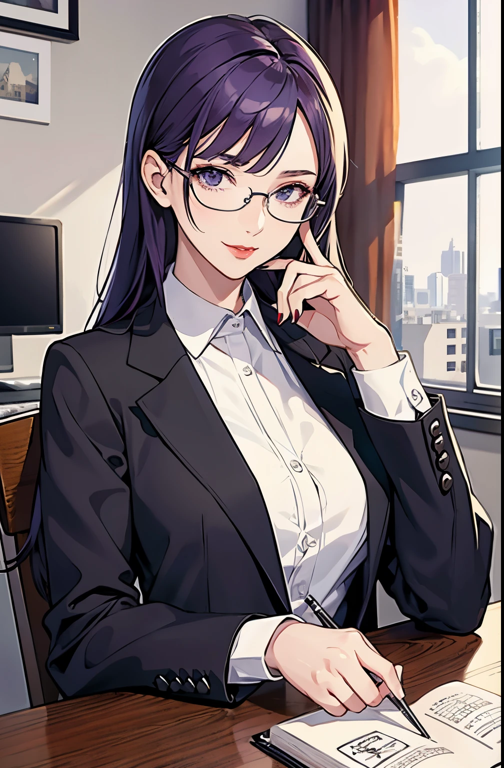 1girl with a very long hair, side ponytail, pompous red suit with purple details, stylish, curvy, sitting on office chair, sharply dressed female, glasses, messy hair, hair over eyes, office scenery, window overlooking city,