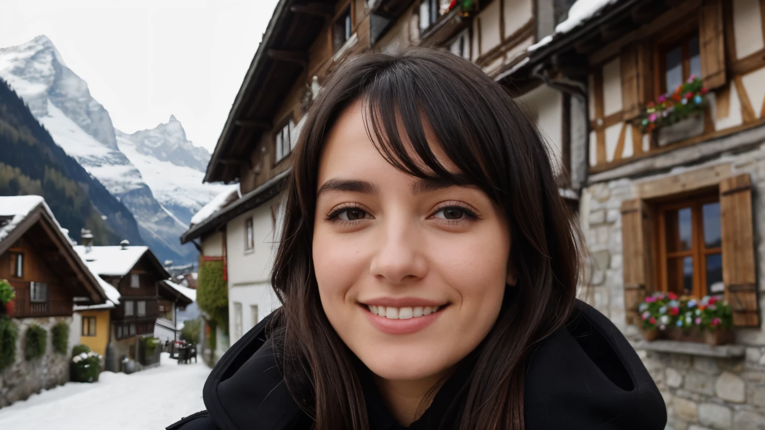 Instagram pictures, French Girl, Shoulder length hair, black hair, Close-up photo, coat, The background is the village of Grindelwald...., Switzerland, smile a little,