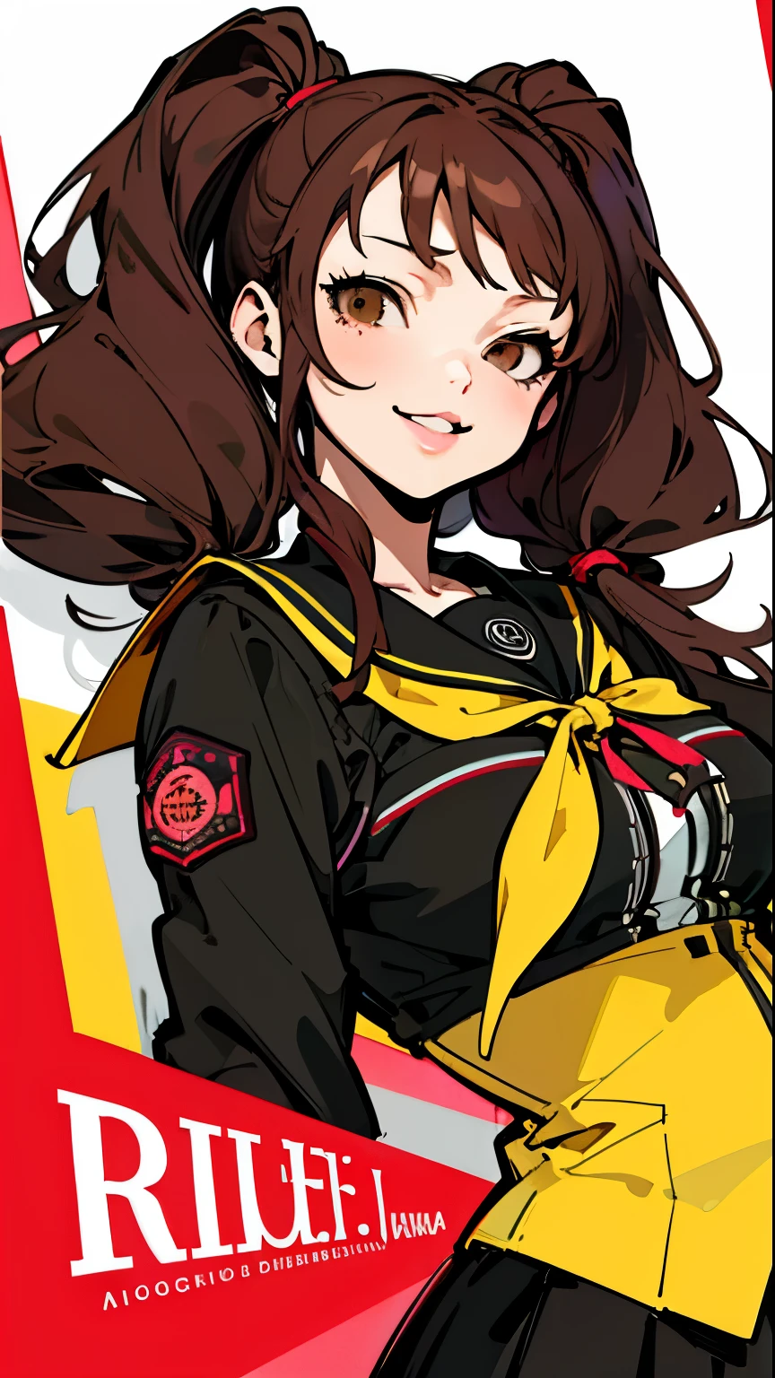 High resolution, 8K, best illustrations, beautiful details、highest quality, mature woman、((Rise Kujikawa、twin tails))brown hair、brown eyes、(high school girl、school uniform)a ferocious look、vulgar smile、cool look