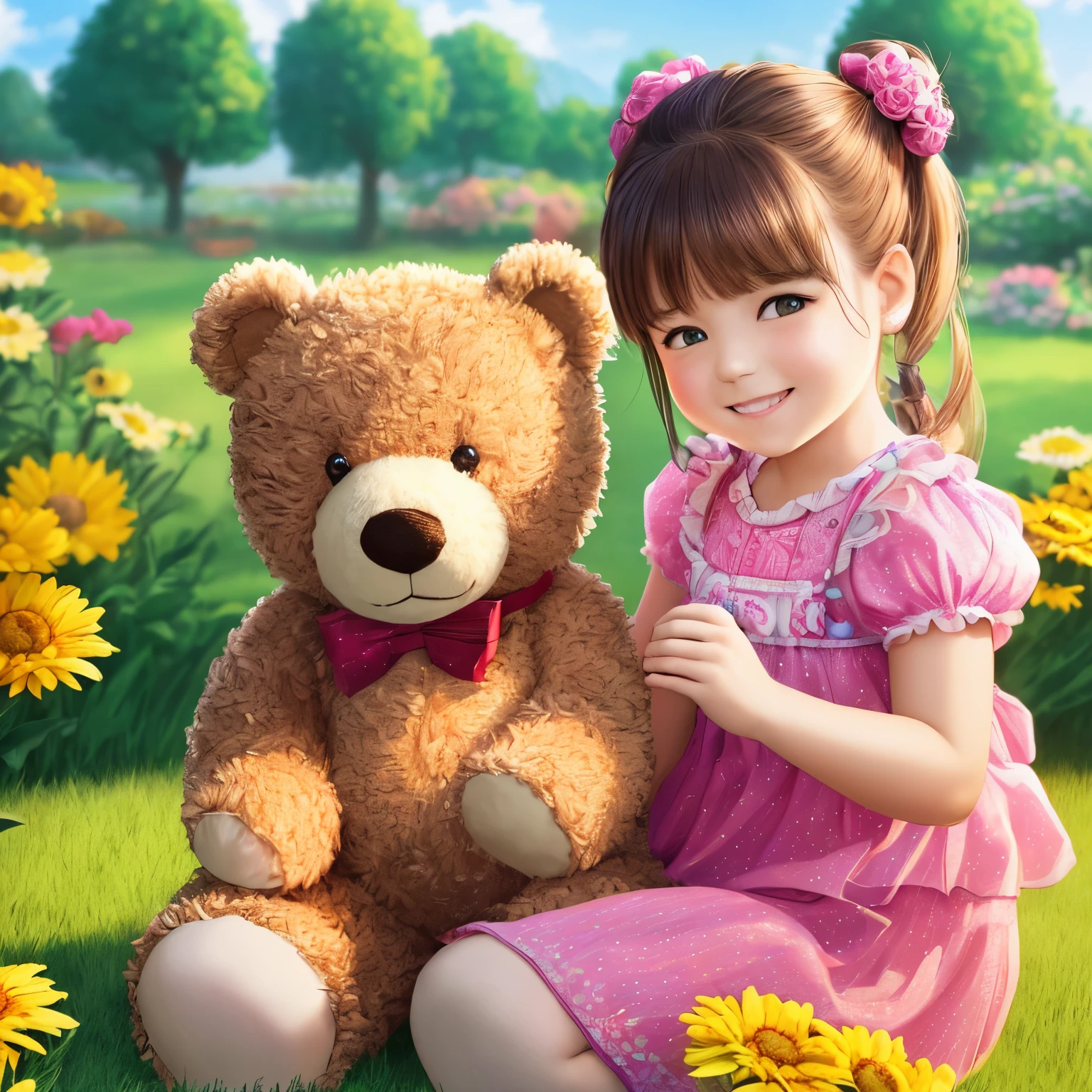 (best quality,4k,8k,highres,masterpiece:1.2),ultra-detailed,(realistic,photorealistic,photo-realistic:1.37),Illustration,Octane Render,morning park,a walking with a teddy bear, the girl has a bun hairstyle and a smiling face, vibrant colors, soft sunlight, beautiful flowers, green grass, playful atmosphere, peaceful environment,detailed textures, vibrant colors, cute teddy bear outfit, joyful expression