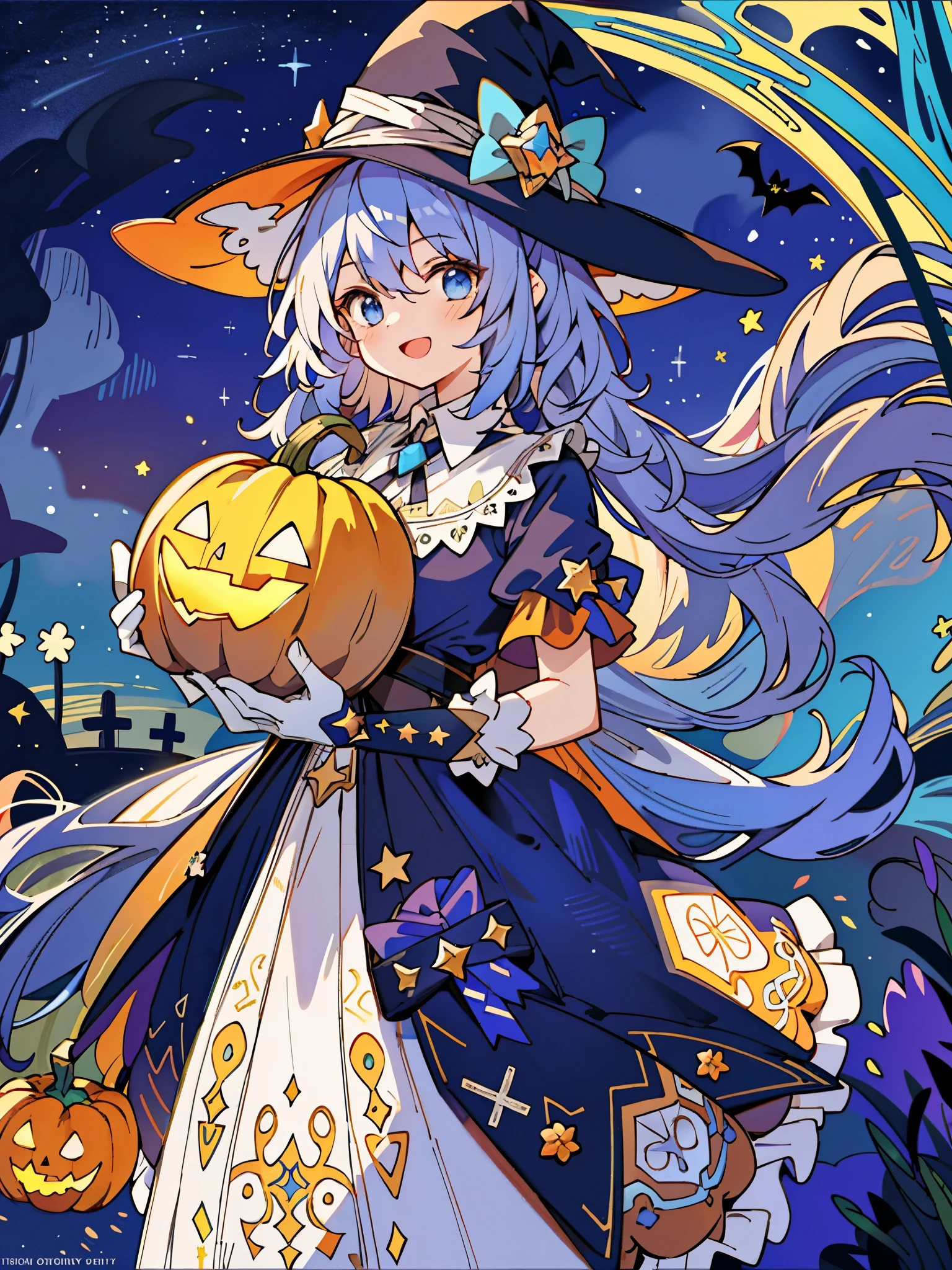((masterpiece:1.2, best quality)), 1girl, solo, (witch hat), a close up of a girl with curly hair, dress, aurora, night, star (sky), gloves, sky, dress, night sky, open mouth, starry sky, light blue eyes, ribbons, smile, cape, colorful hair, magic, casting spell, night, (impressionism:1.4), alphonse mucha, Halloween colors, colorful candy, magical lights, pumpkins, candies