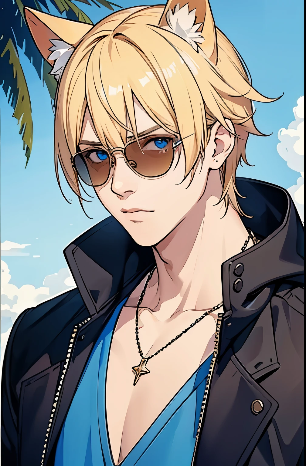 1boy, male focus, blonde hair, animal ears, solo, eyewear on head, sunglasses, blue eyes, jewelry, necklace, hood, looking at viewer, dog ears, jacket, palm tree, blue shirt, upper body, bishounen, shirt, hair between eyes, tree
